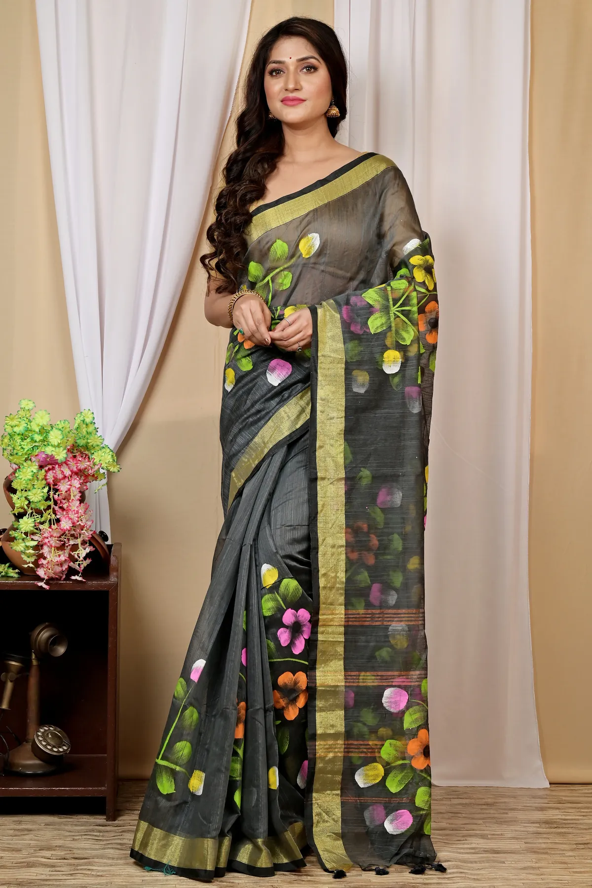 DipDiya Blended Cotton Dark Green Anito Tradition in Every Thread Hand Painted Sarees
