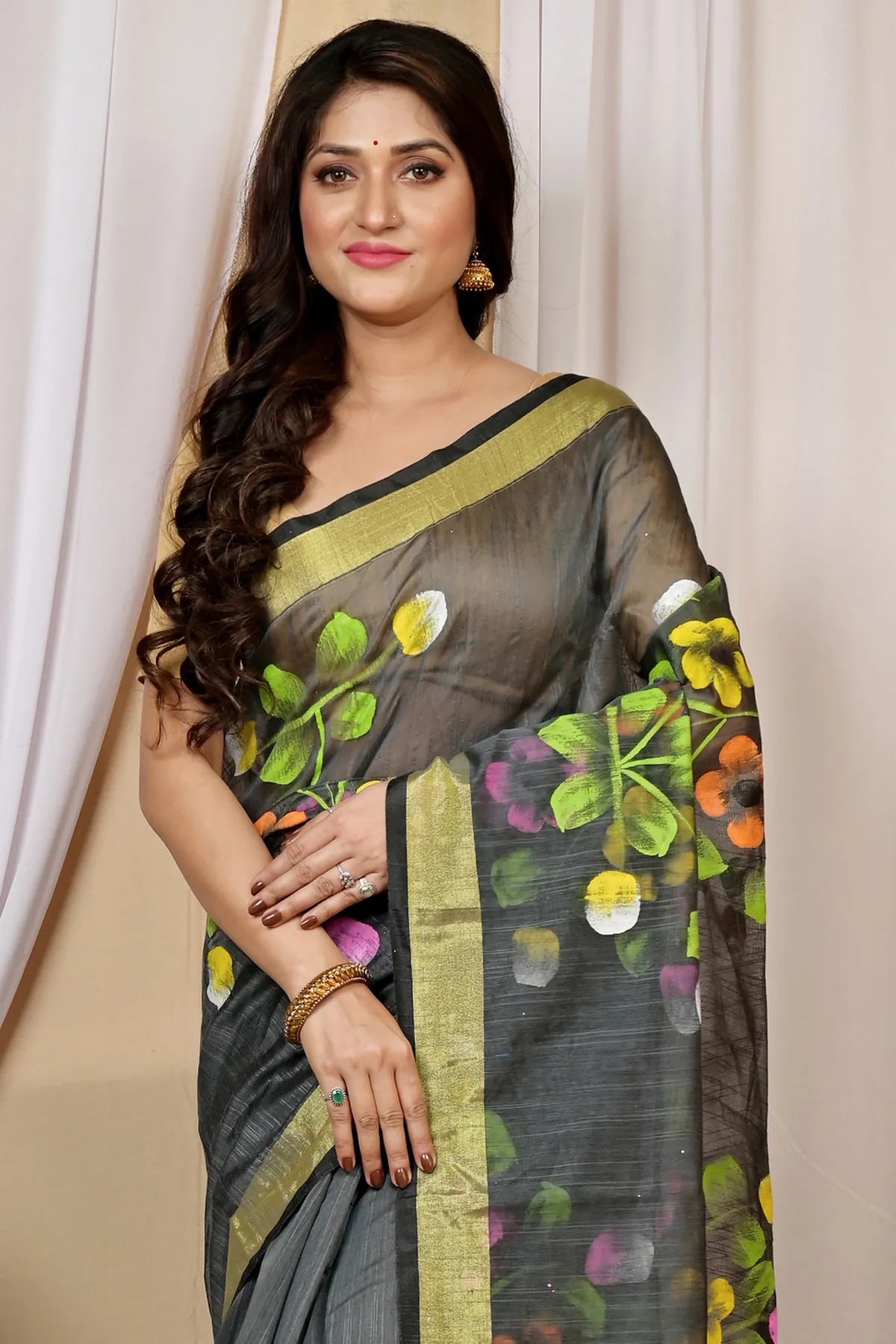 DipDiya Blended Cotton Dark Green Anito Tradition in Every Thread Hand Painted Sarees