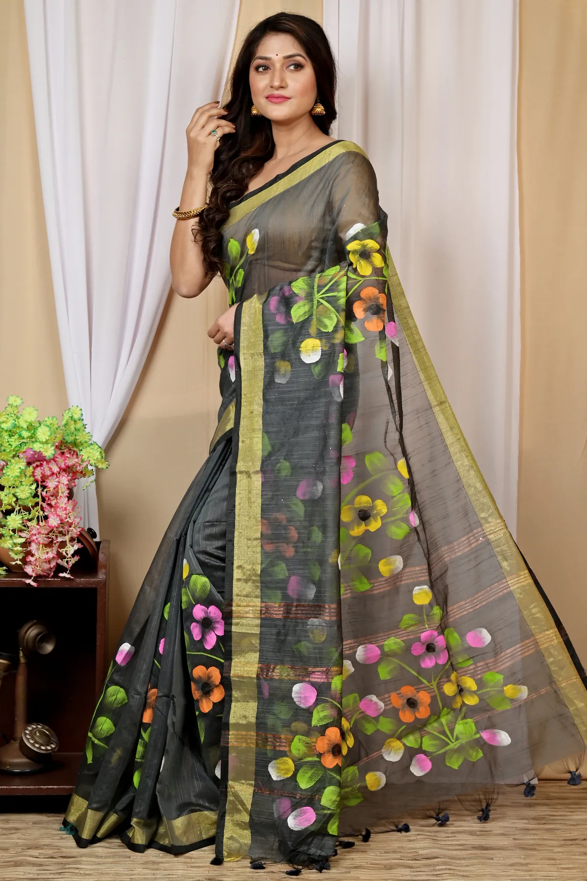 DipDiya Blended Cotton Dark Green Anito Tradition in Every Thread Hand Painted Sarees