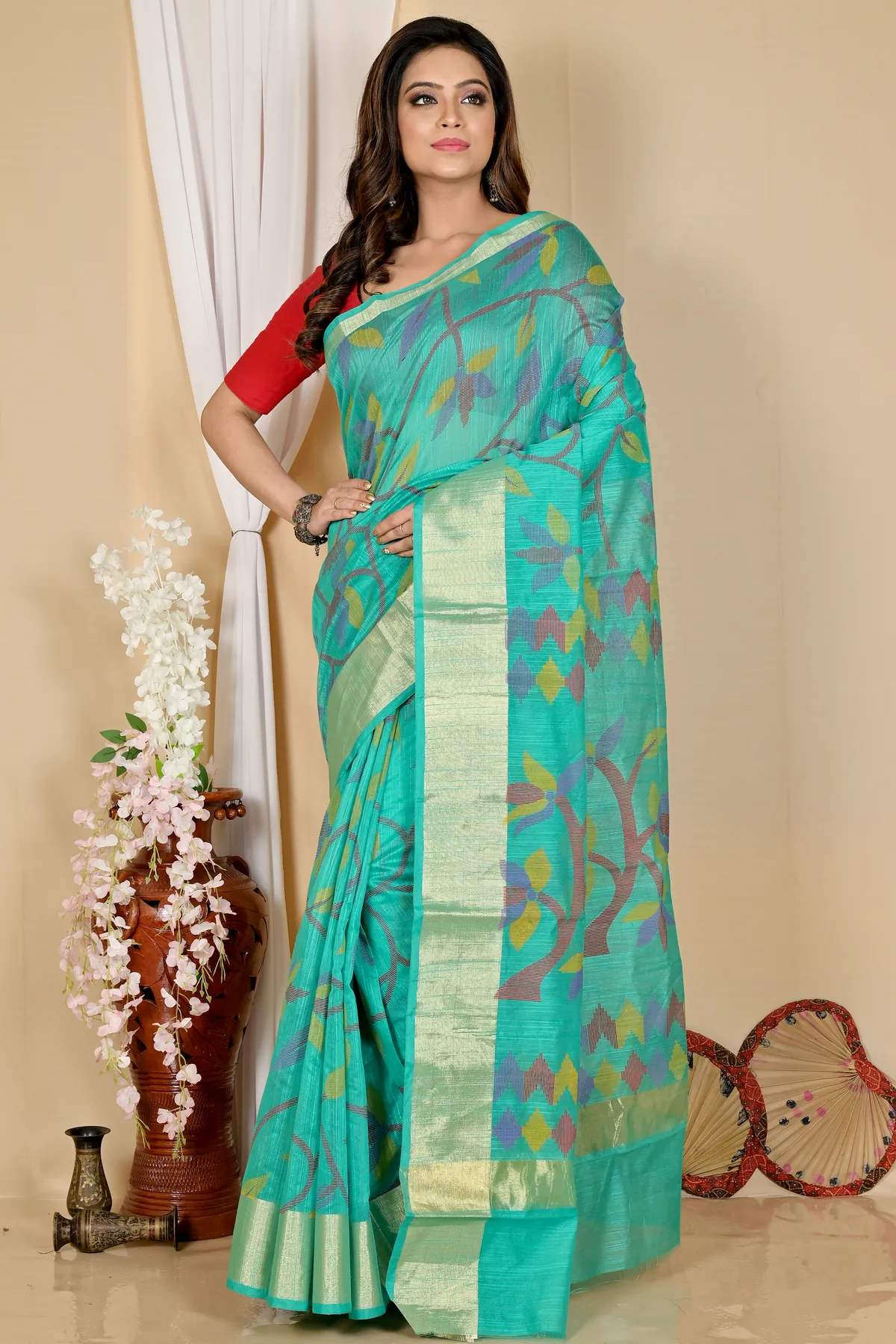 DipDiya Blended Cotton Dark Green Narento Tradition in Every Thread Handloom Sarees