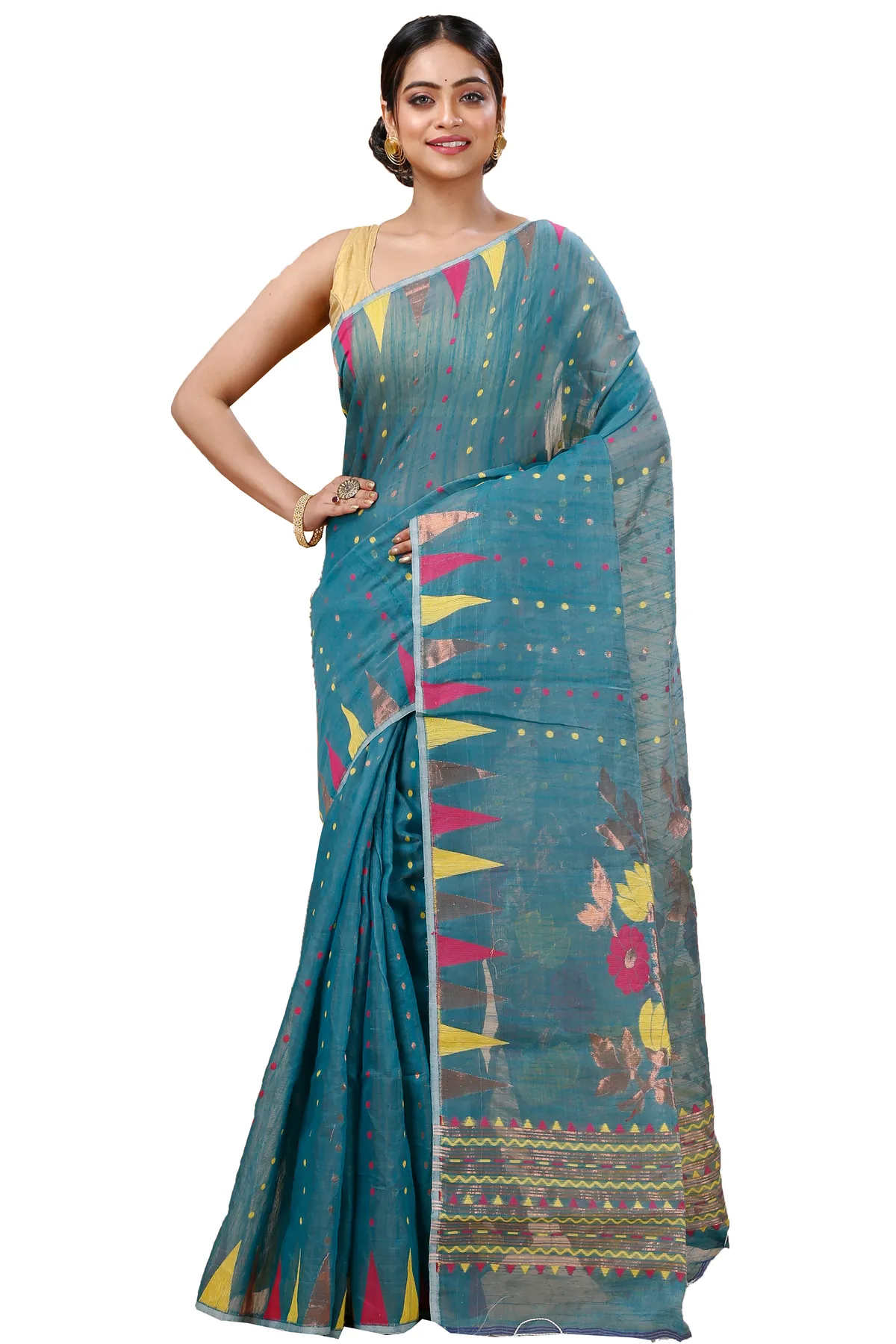 DipDiya Blended Cotton Dark Green Pilu Rooted in Bengal Handloom Sarees