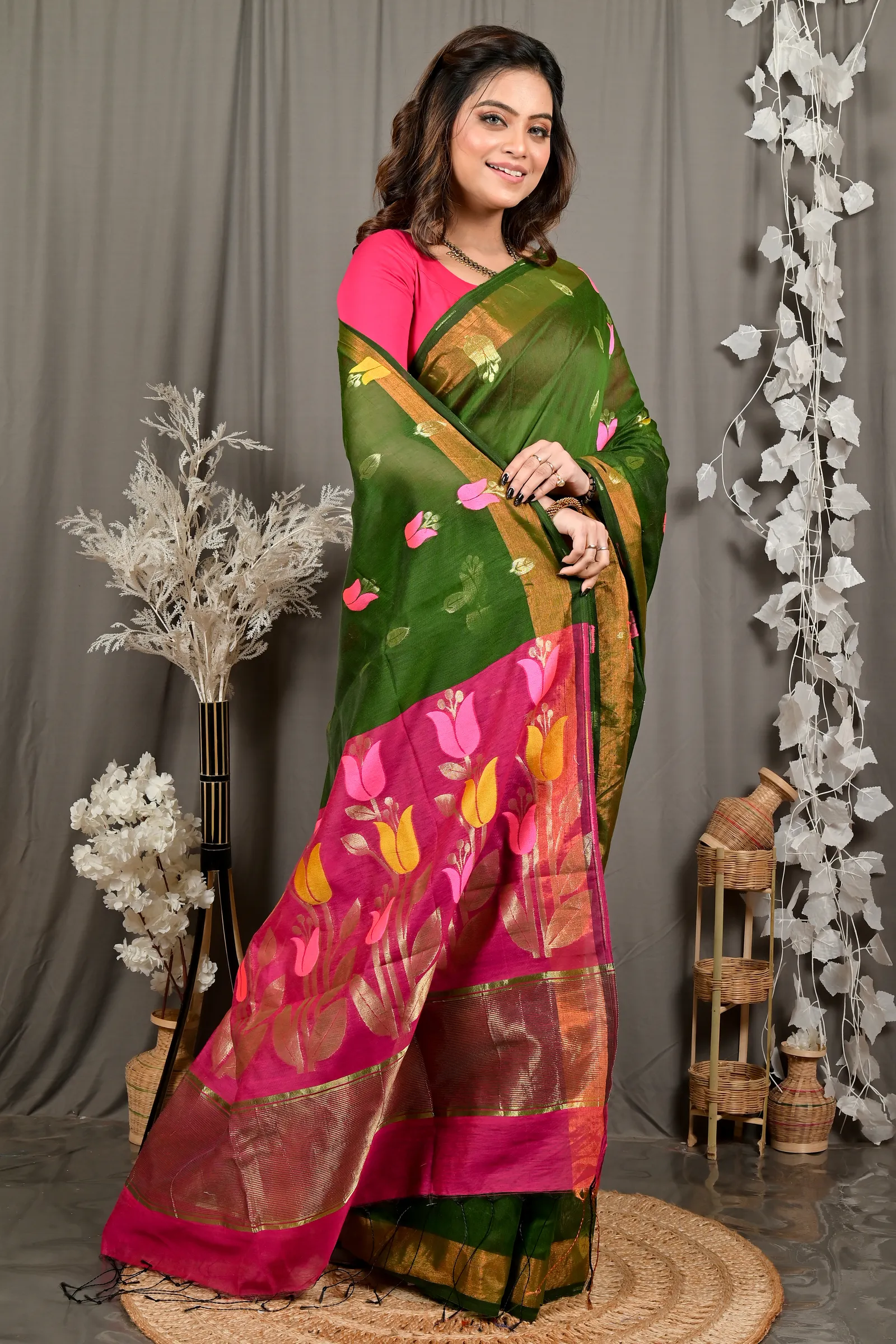 DipDiya Blended Cotton Dark Green Purpel Foyani Heritage Elegance Handloom Sarees