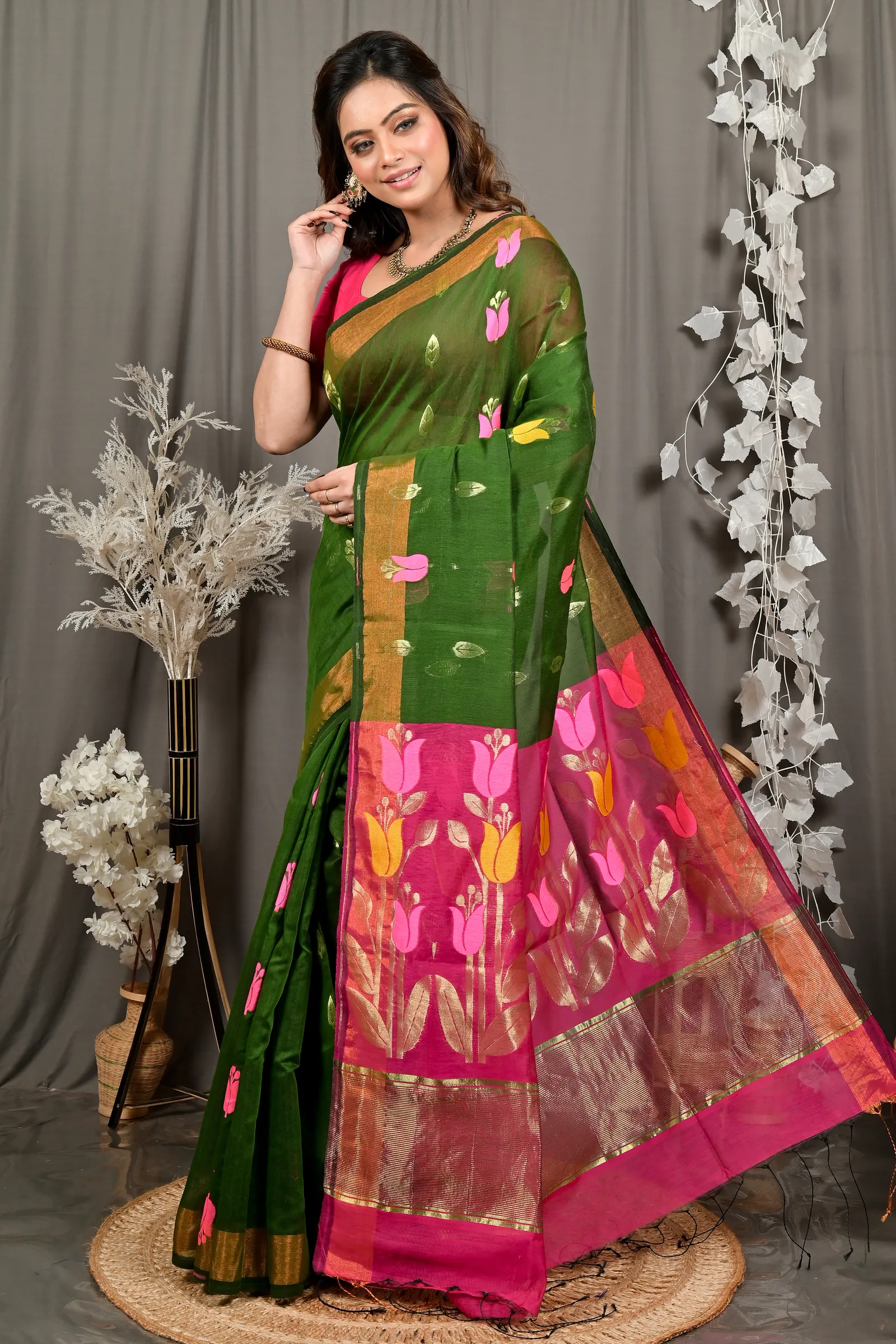 DipDiya Blended Cotton Dark Green Purpel Foyani Heritage Elegance Handloom Sarees