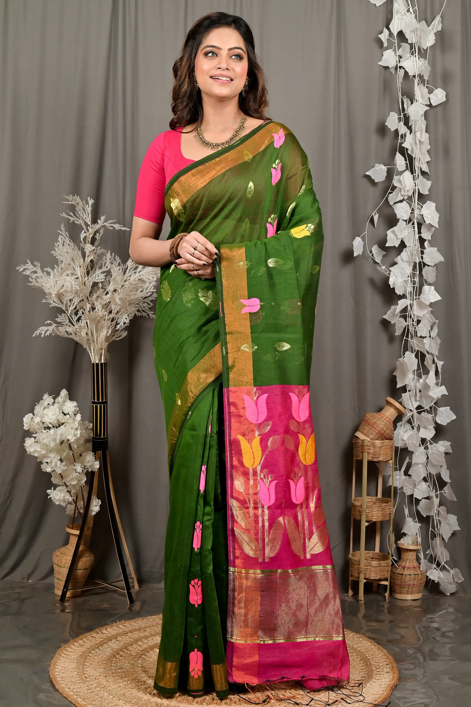 DipDiya Blended Cotton Dark Green Purpel Foyani Heritage Elegance Handloom Sarees