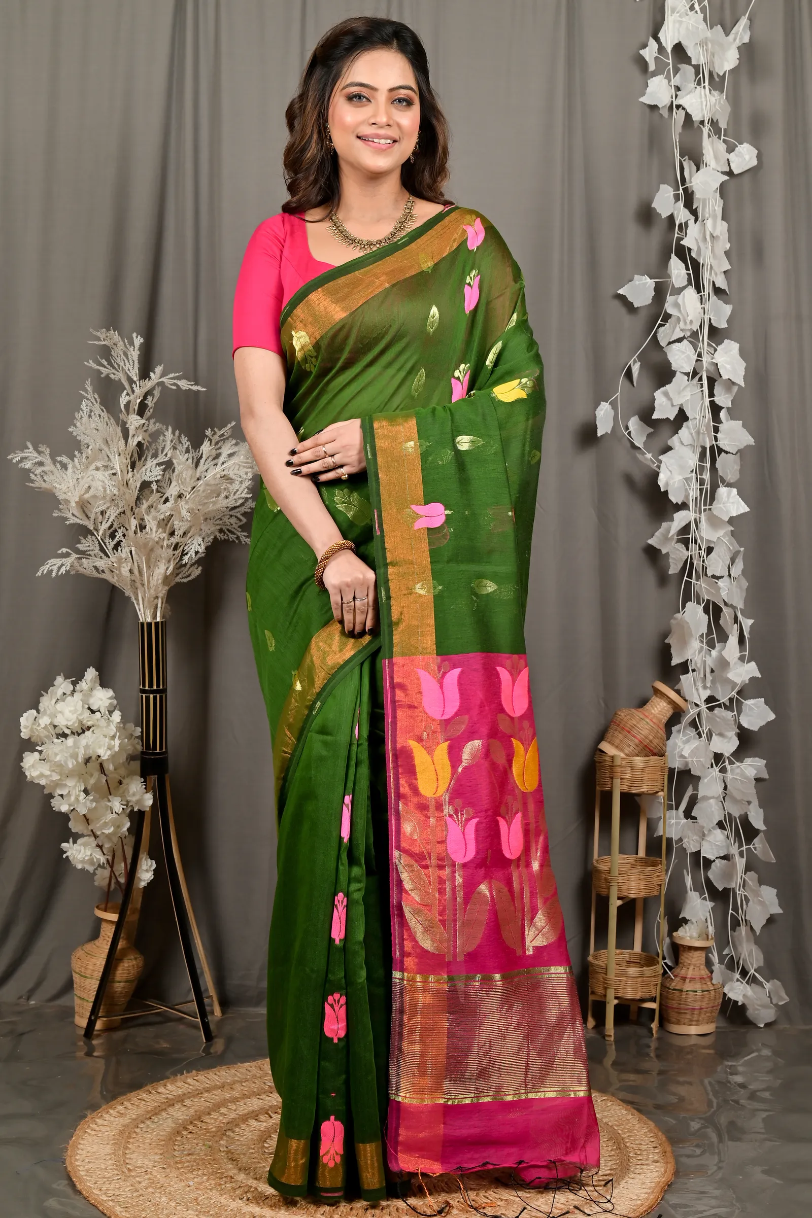 DipDiya Blended Cotton Dark Green Purpel Foyani Heritage Elegance Handloom Sarees