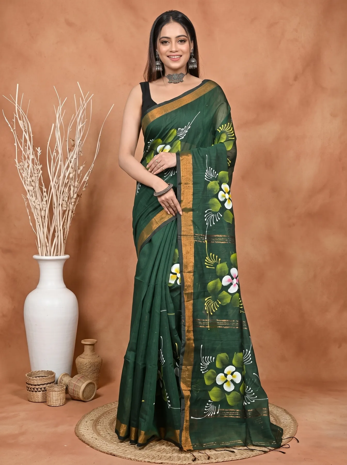 DipDiya Blended Cotton Dark Green Samvi Heritage of Bengali Hand Painted Sarees