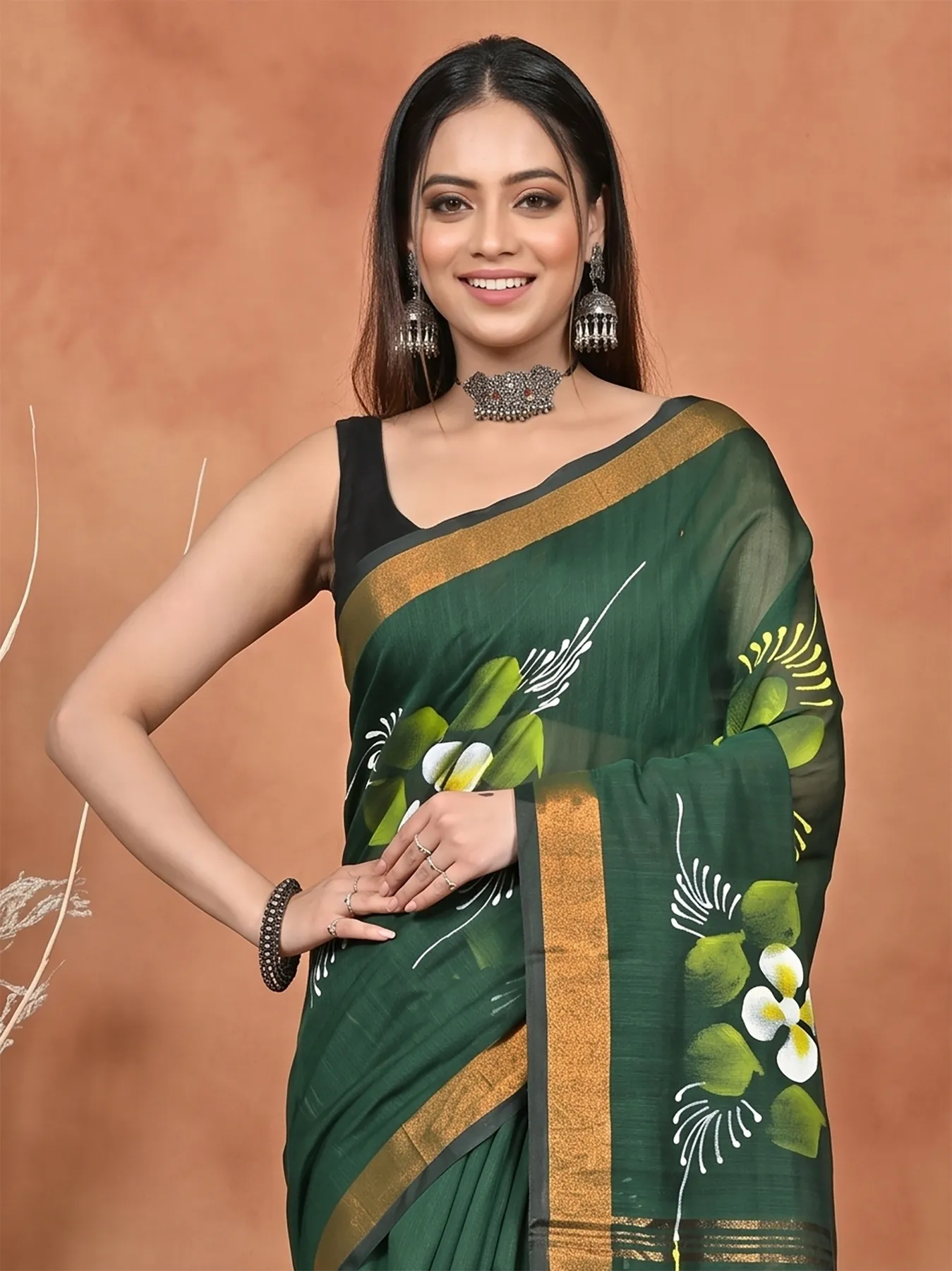 DipDiya Blended Cotton Dark Green Samvi Heritage of Bengali Hand Painted Sarees