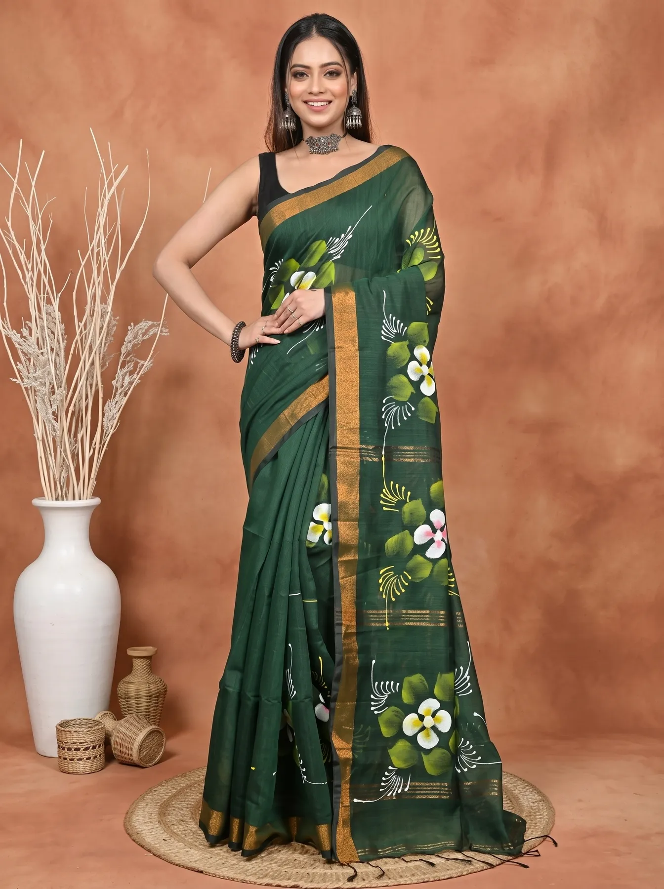 DipDiya Blended Cotton Dark Green Samvi Heritage of Bengali Hand Painted Sarees