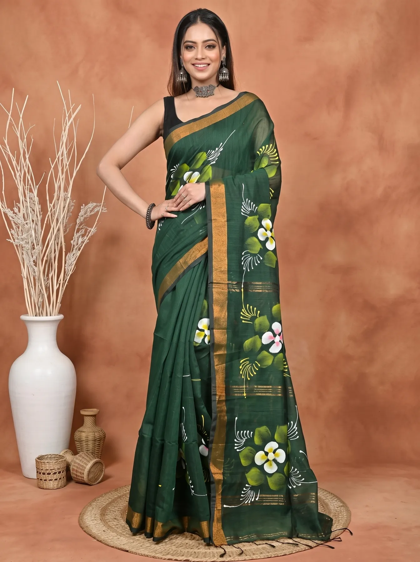DipDiya Blended Cotton Dark Green Samvi Heritage of Bengali Hand Painted Sarees