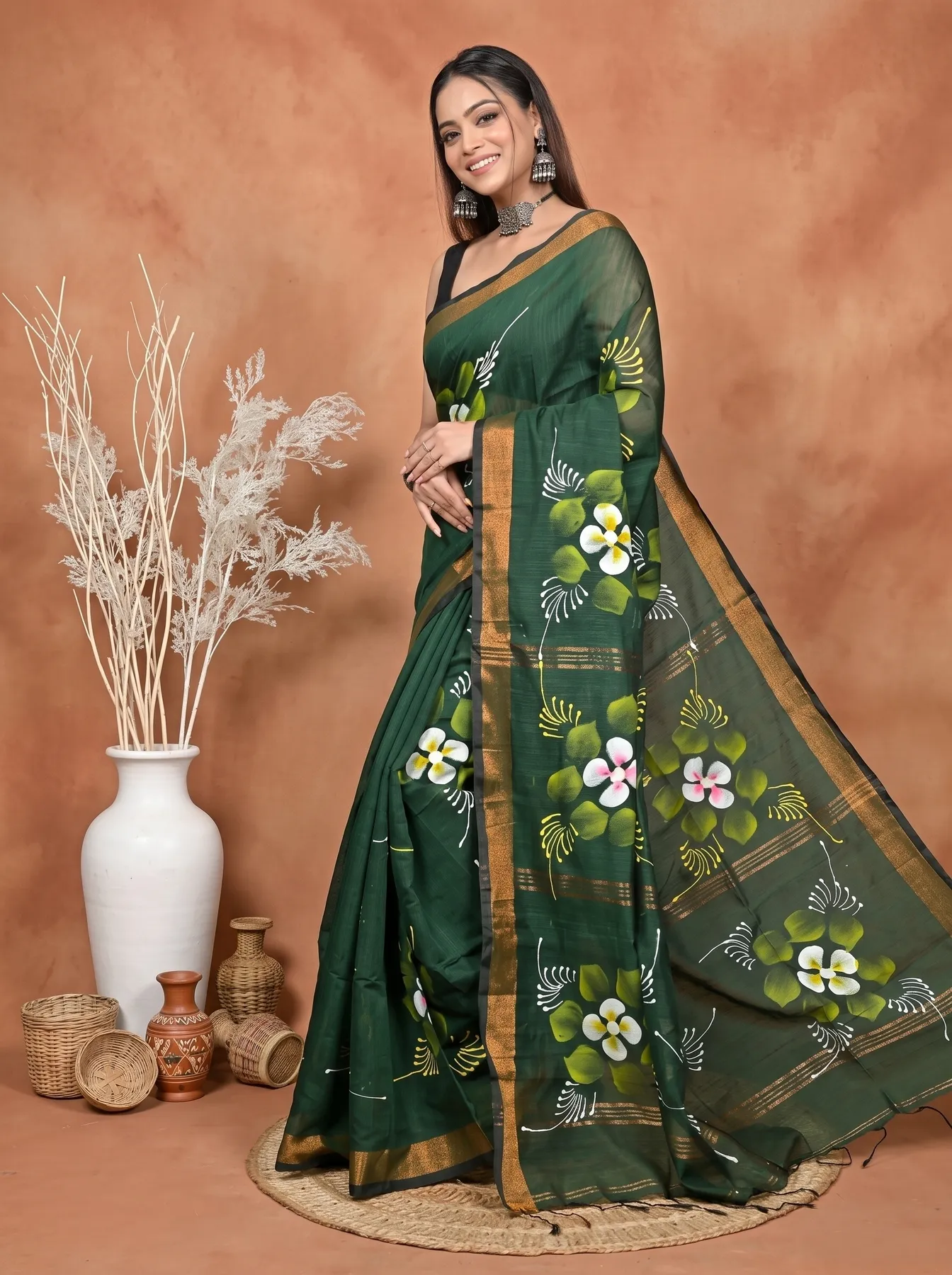 DipDiya Blended Cotton Dark Green Samvi Heritage of Bengali Hand Painted Sarees