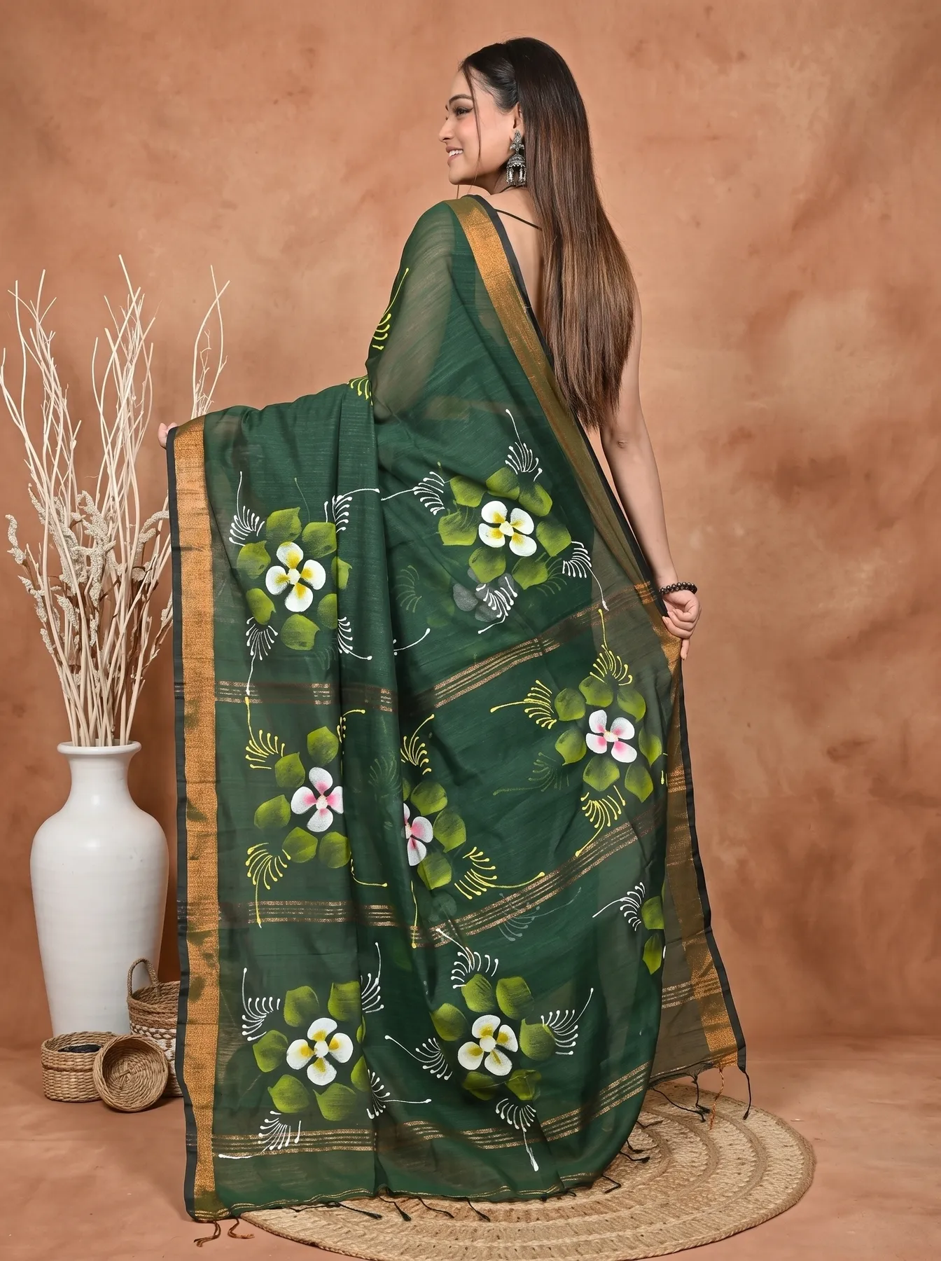 DipDiya Blended Cotton Dark Green Samvi Heritage of Bengali Hand Painted Sarees