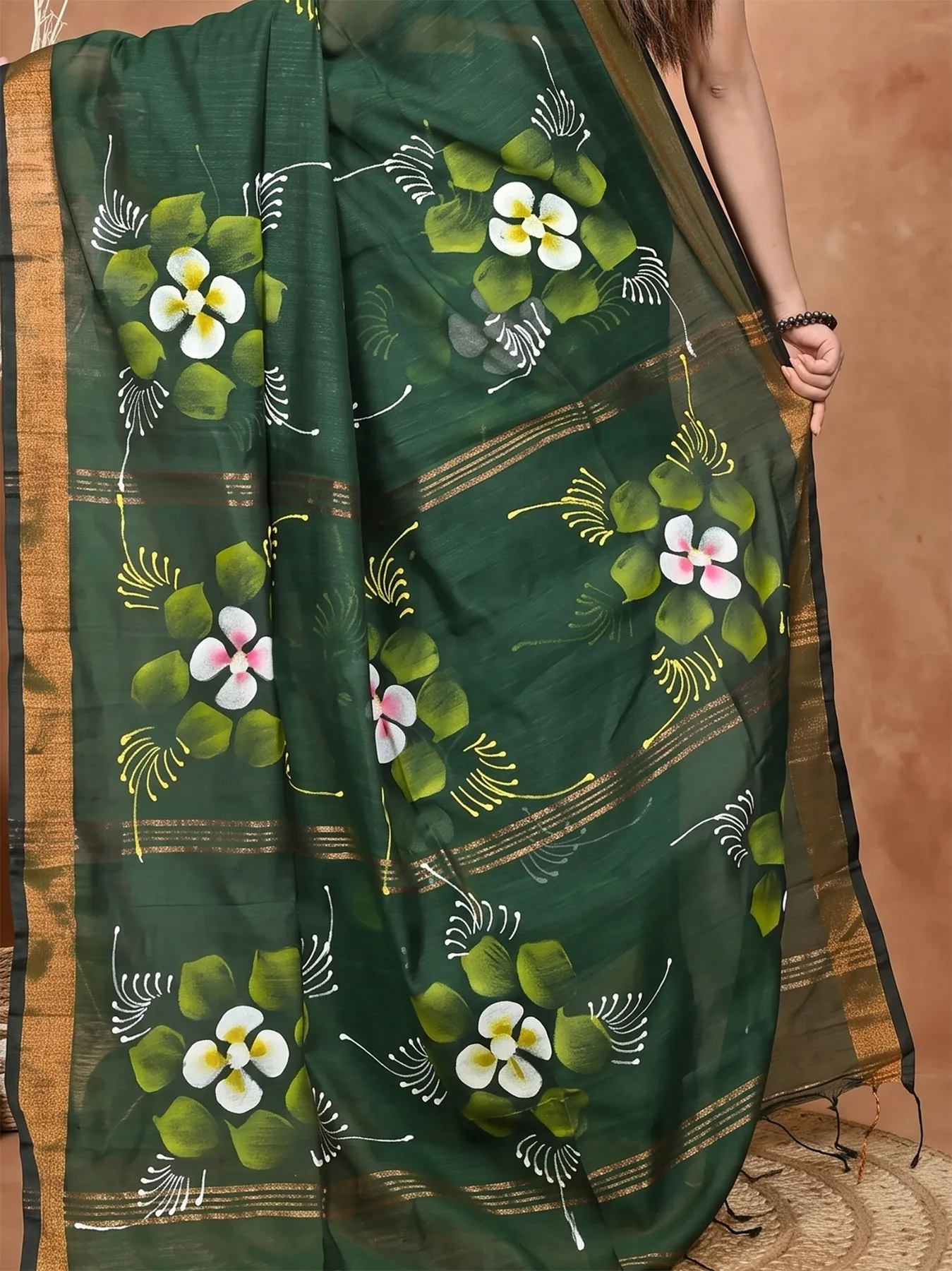 DipDiya Blended Cotton Dark Green Samvi Heritage of Bengali Hand Painted Sarees