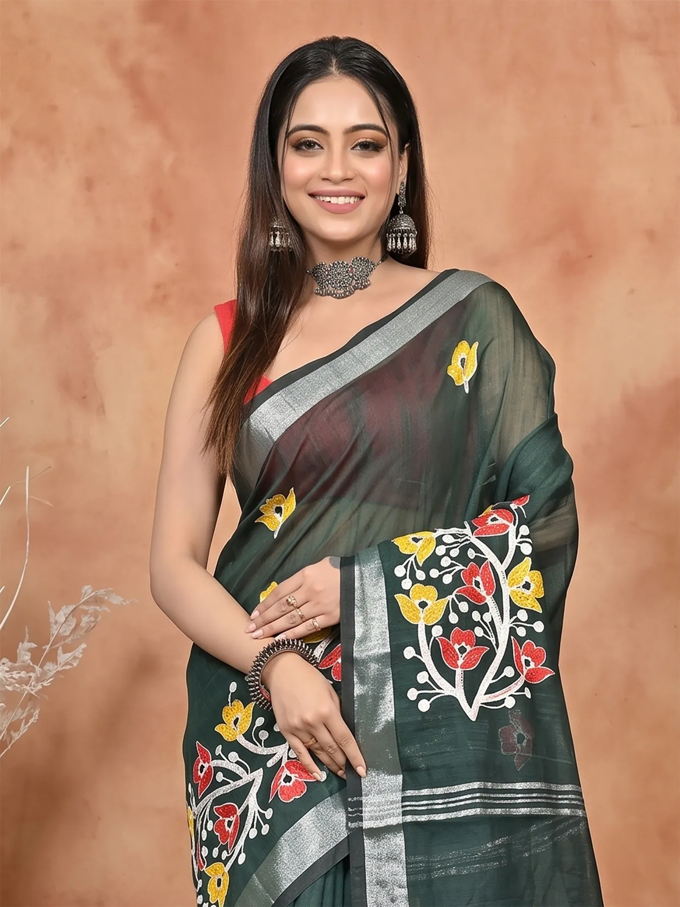 DipDiya Blended Cotton Dark Green Samyra Heritage of Bengali Embroidery Handloom sarees