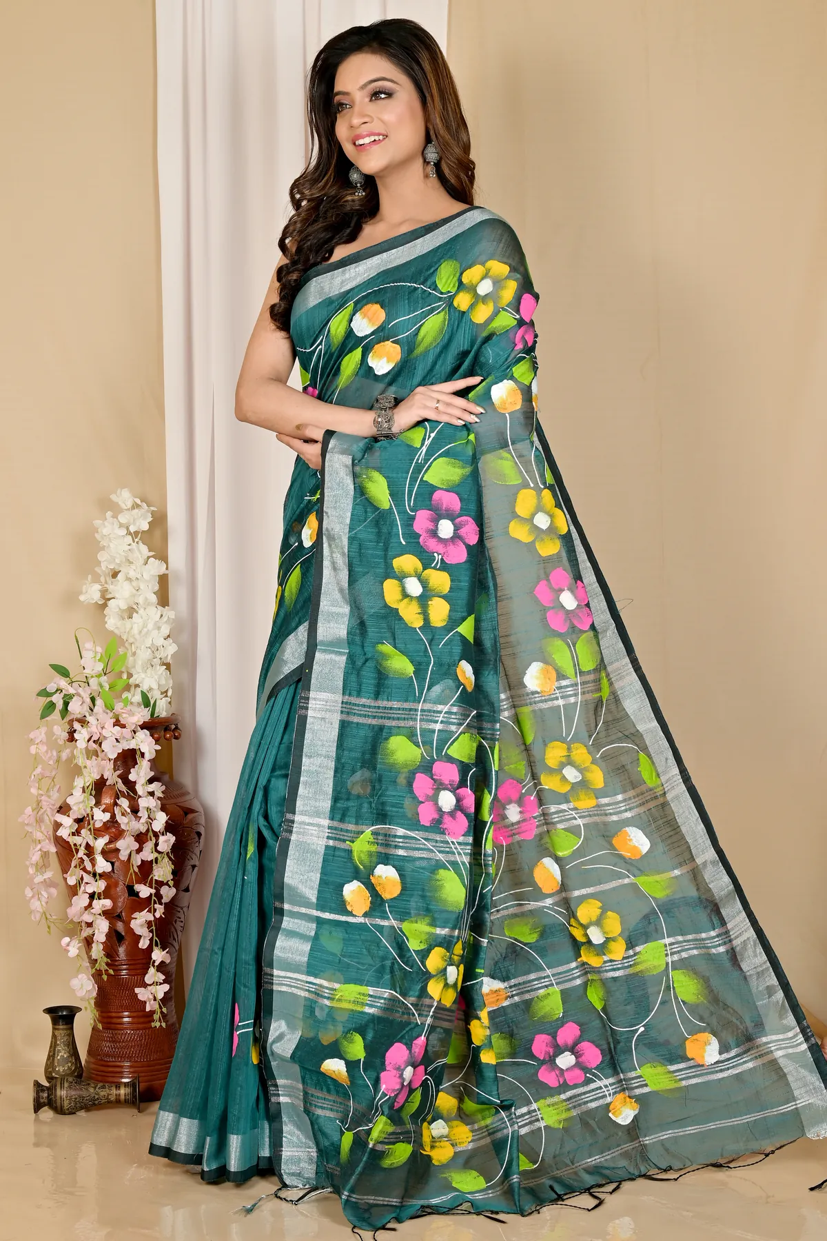 DipDiya Blended Cotton Dark Green Slabaka Ful Grace of Bengal Hand Painted Sarees