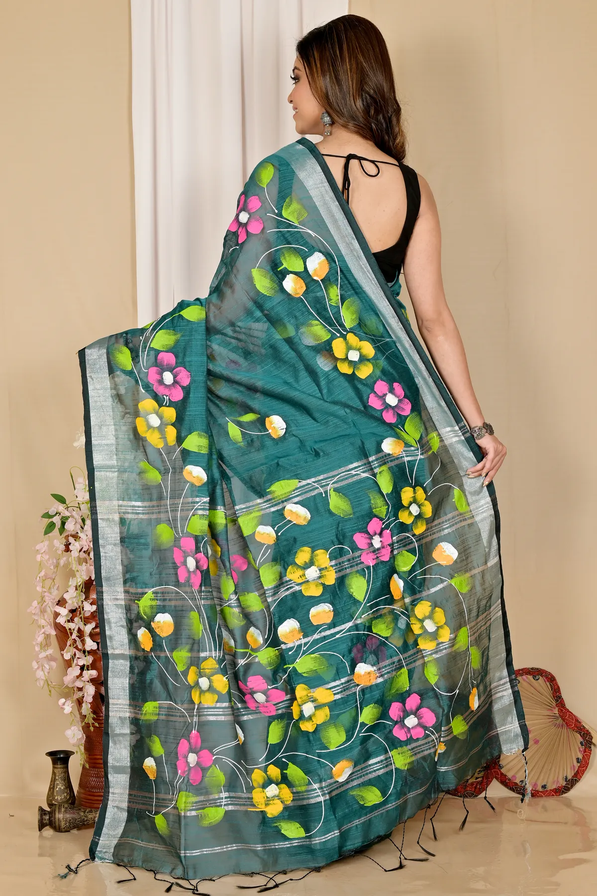 DipDiya Blended Cotton Dark Green Slabaka Ful Grace of Bengal Hand Painted Sarees