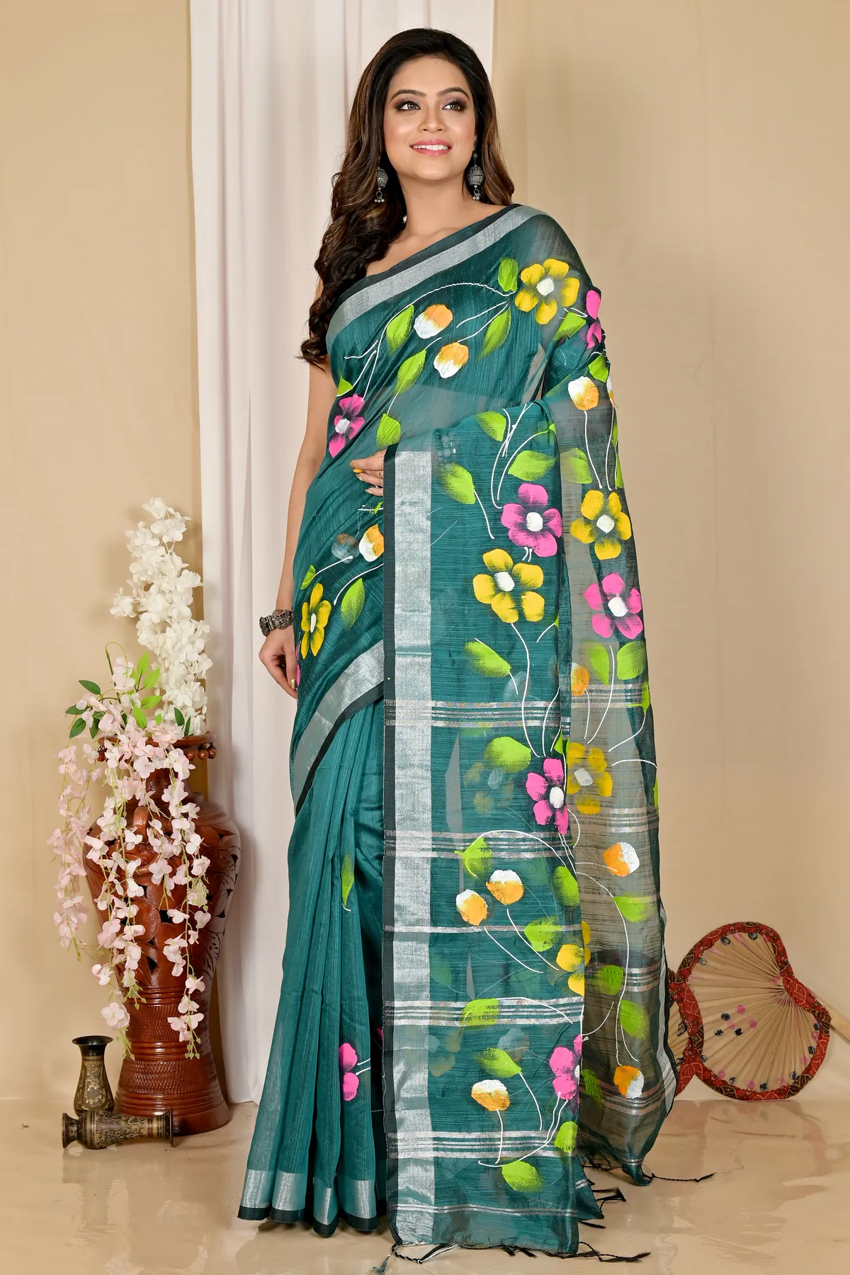 DipDiya Blended Cotton Dark Green Slabaka Ful Grace of Bengal Hand Painted Sarees