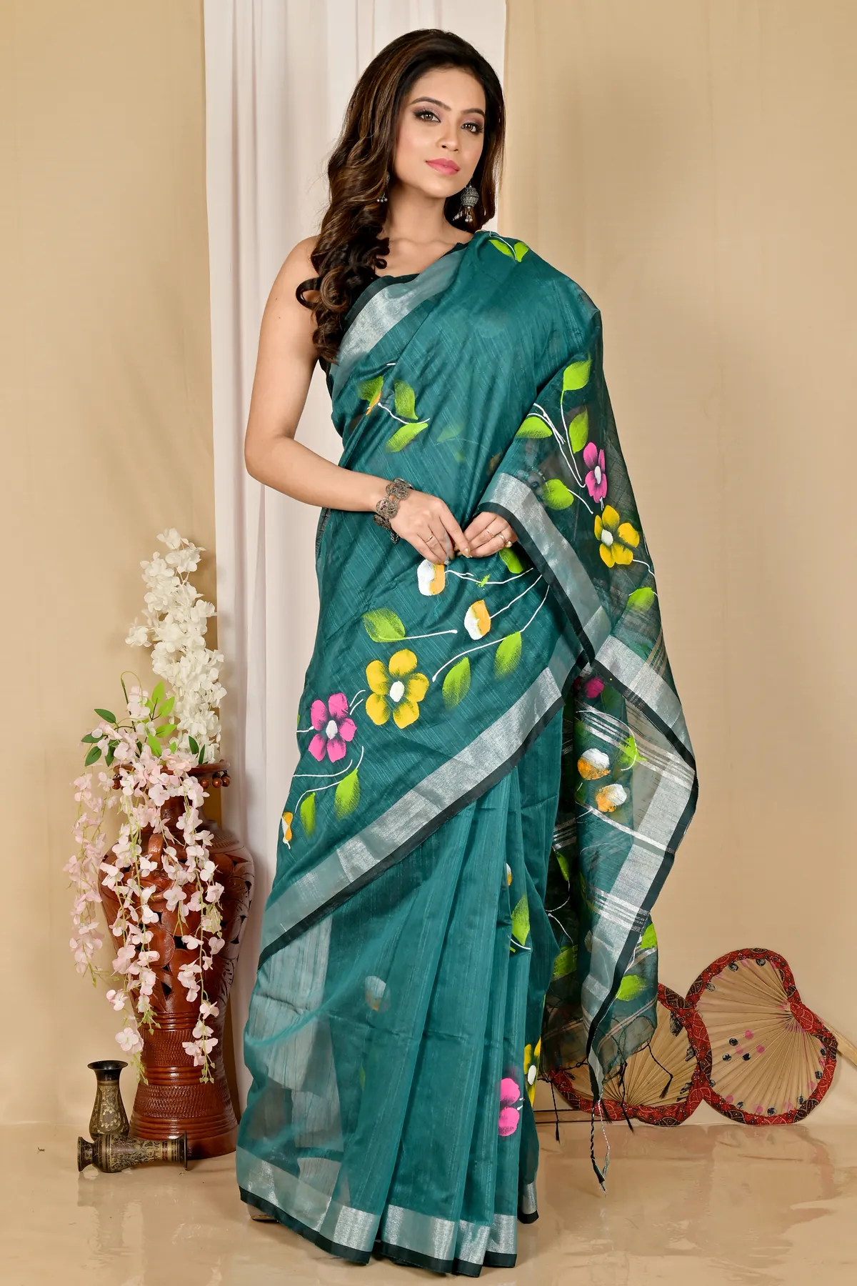 DipDiya Blended Cotton Dark Green Slabaka Ful Grace of Bengal Hand Painted Sarees