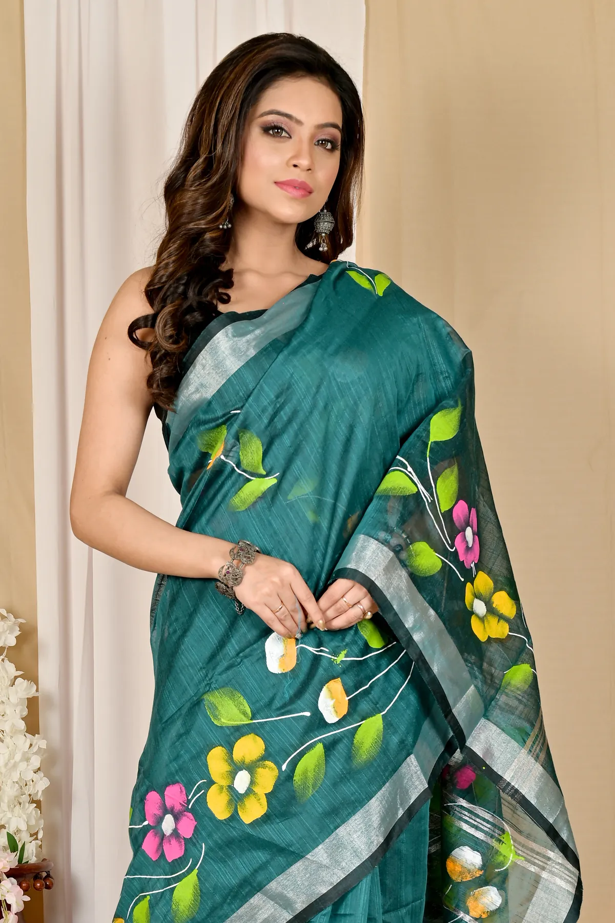 DipDiya Blended Cotton Dark Green Slabaka Ful Grace of Bengal Hand Painted Sarees