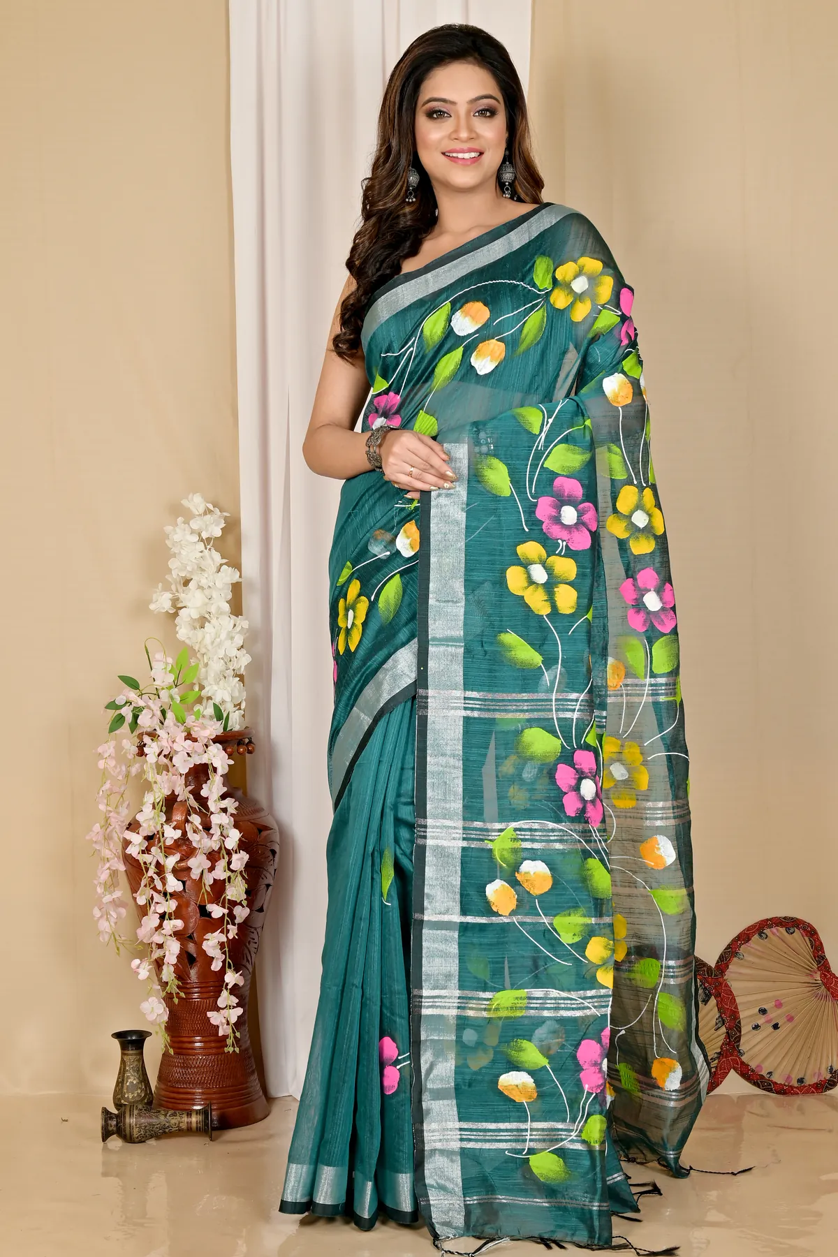 DipDiya Blended Cotton Dark Green Slabaka Ful Grace of Bengal Hand Painted Sarees