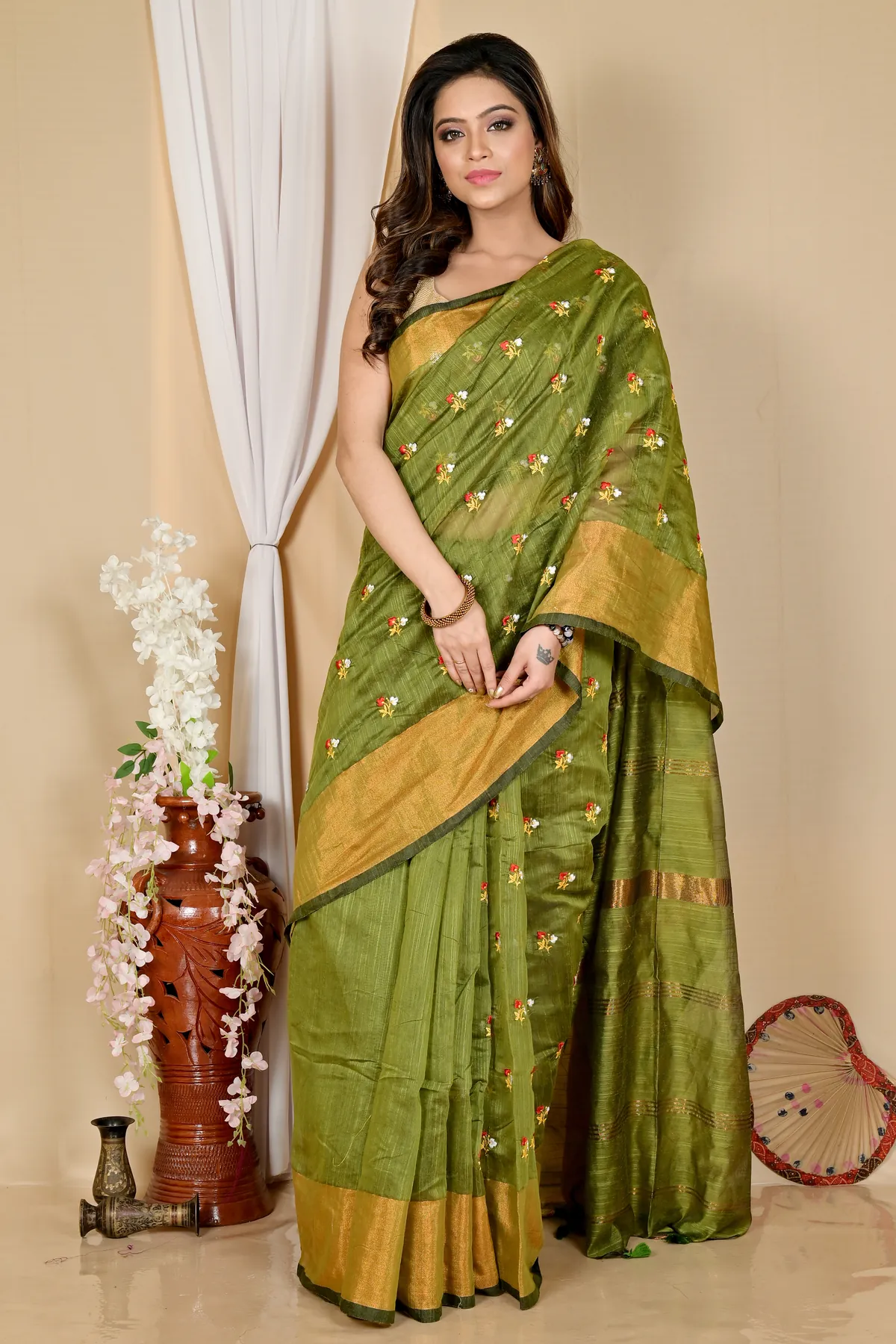DipDiya Blended Cotton Dark Green Slabaka Moli Artisan Crafted Handloom Sarees