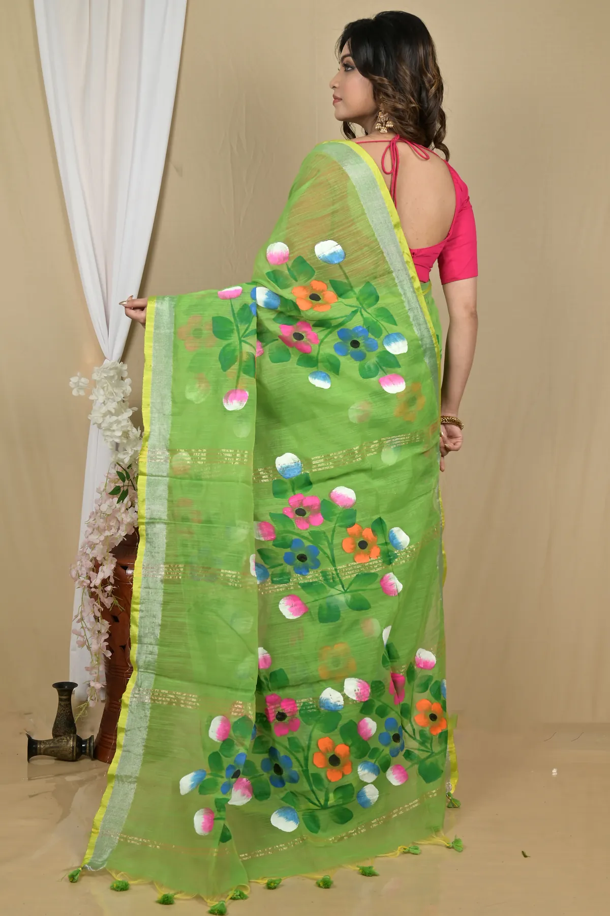 DipDiya Blended Cotton Green Anito Pure Bengali Grace Hand Painted Sarees