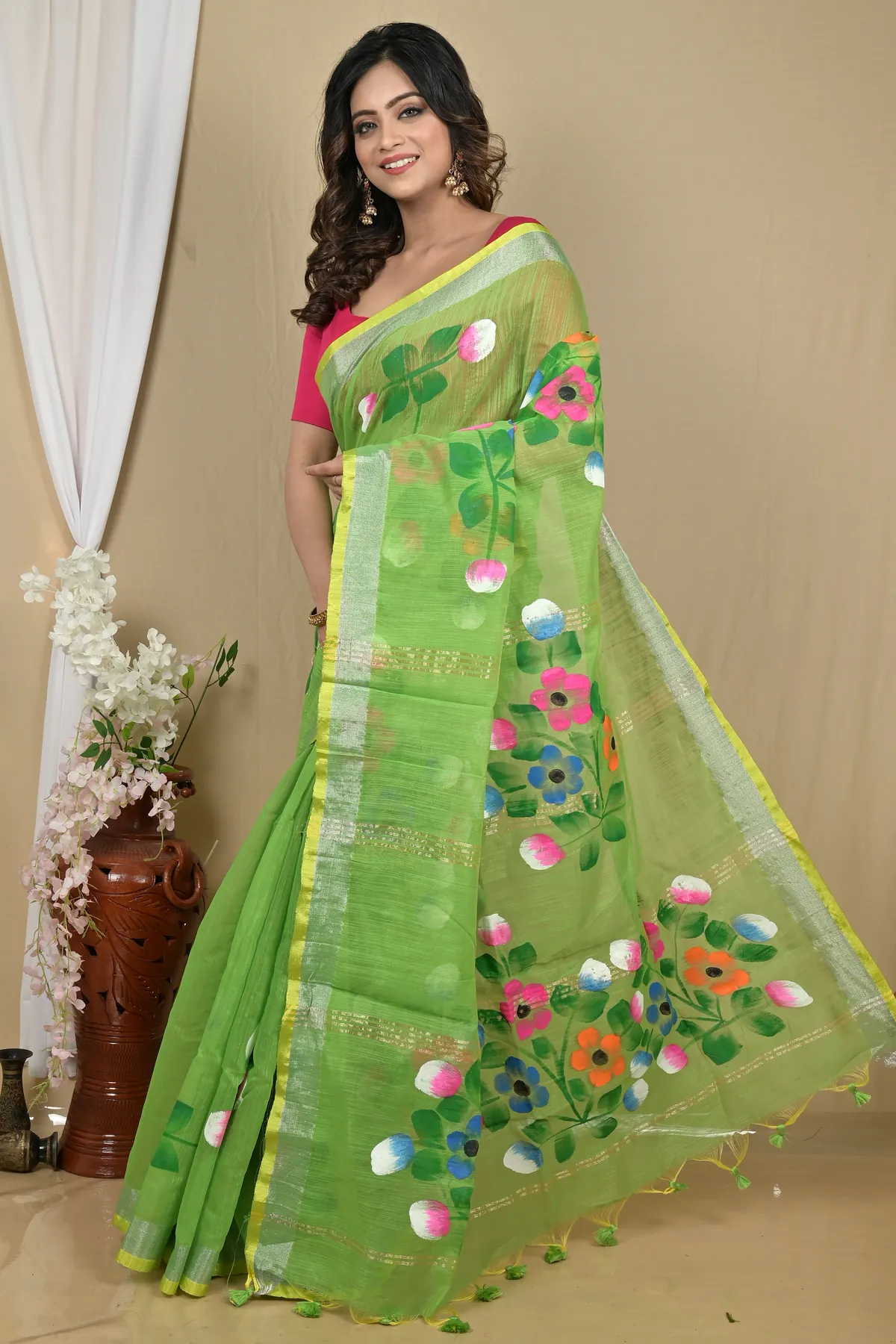 DipDiya Blended Cotton Green Anito Pure Bengali Grace Hand Painted Sarees