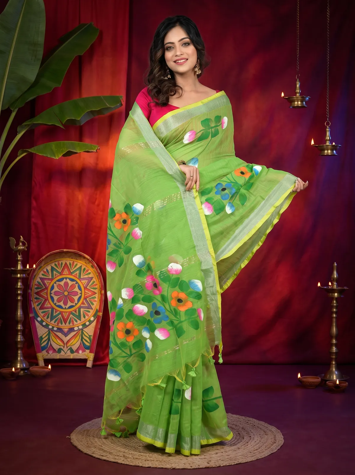 DipDiya Blended Cotton Green Anito Pure Bengali Grace Hand Painted Sarees