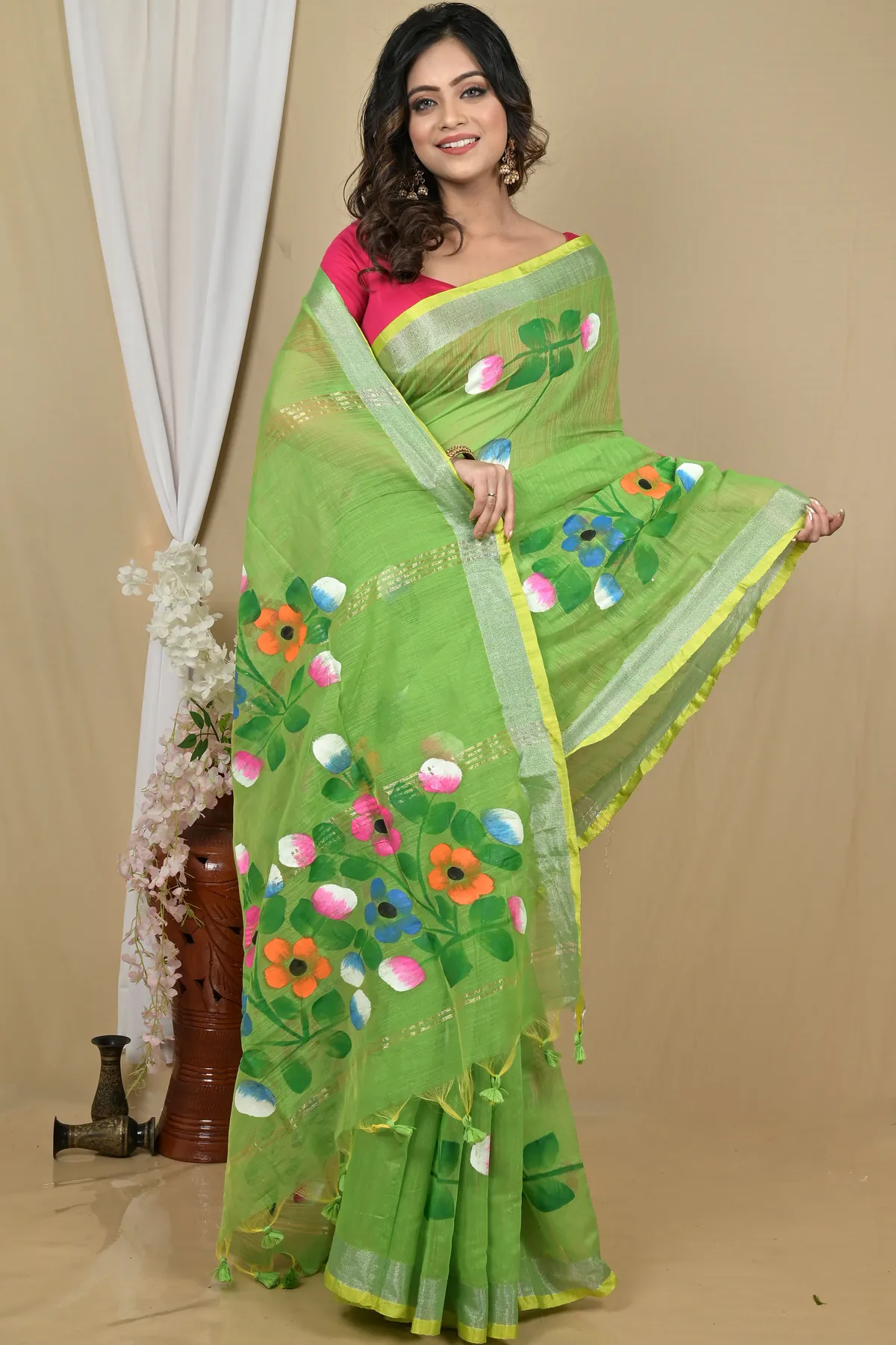 DipDiya Blended Cotton Green Anito Pure Bengali Grace Hand Painted Sarees