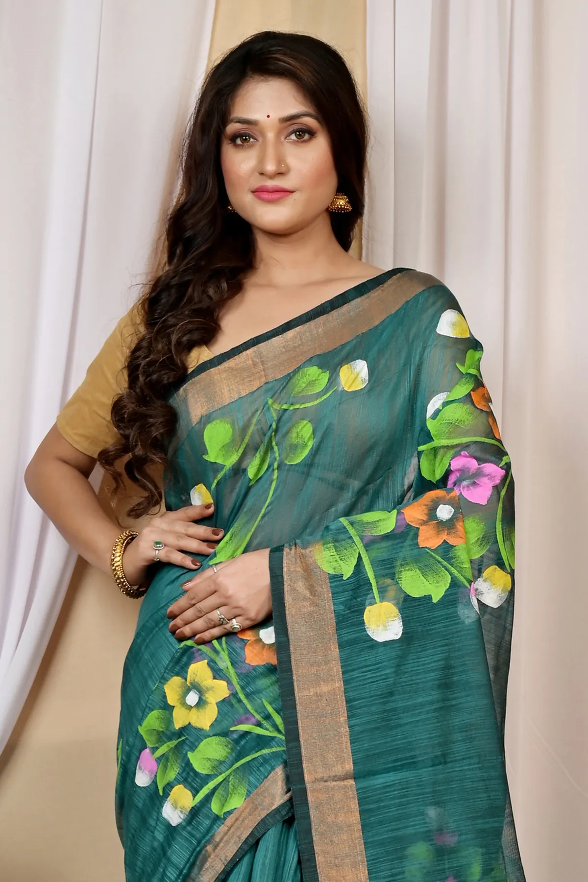 DipDiya Blended Cotton Green Anito Traditional Elegance Hand Painted Sarees