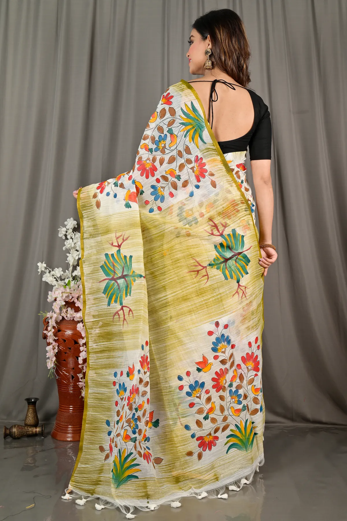 DipDiya Blended Cotton Green Korma Loom to Love Printed Handloom Sarees