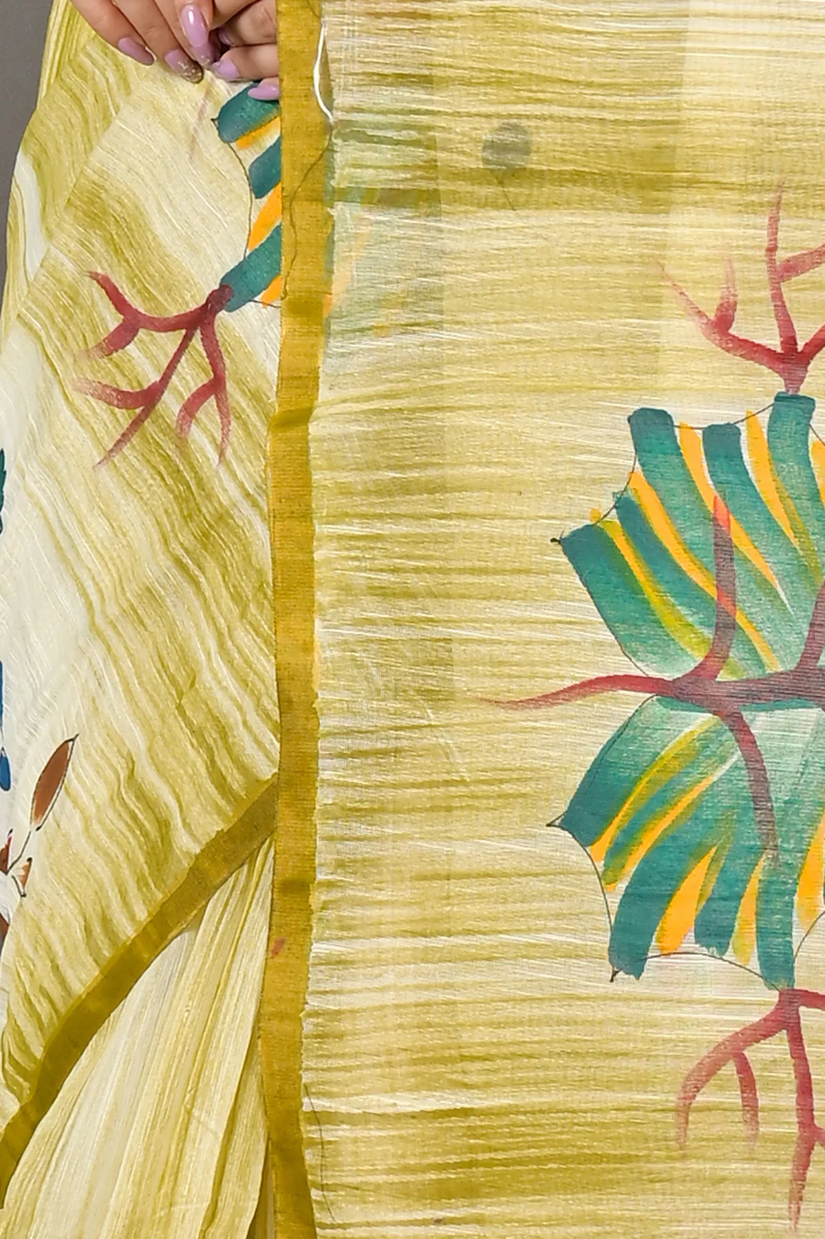 DipDiya Blended Cotton Green Korma Loom to Love Printed Handloom Sarees