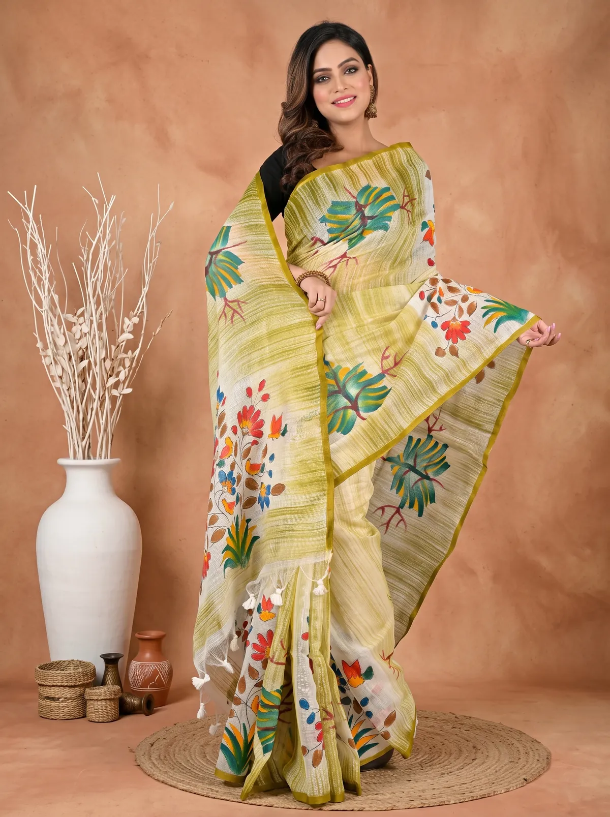DipDiya Blended Cotton Green Korma Loom to Love Printed Handloom Sarees