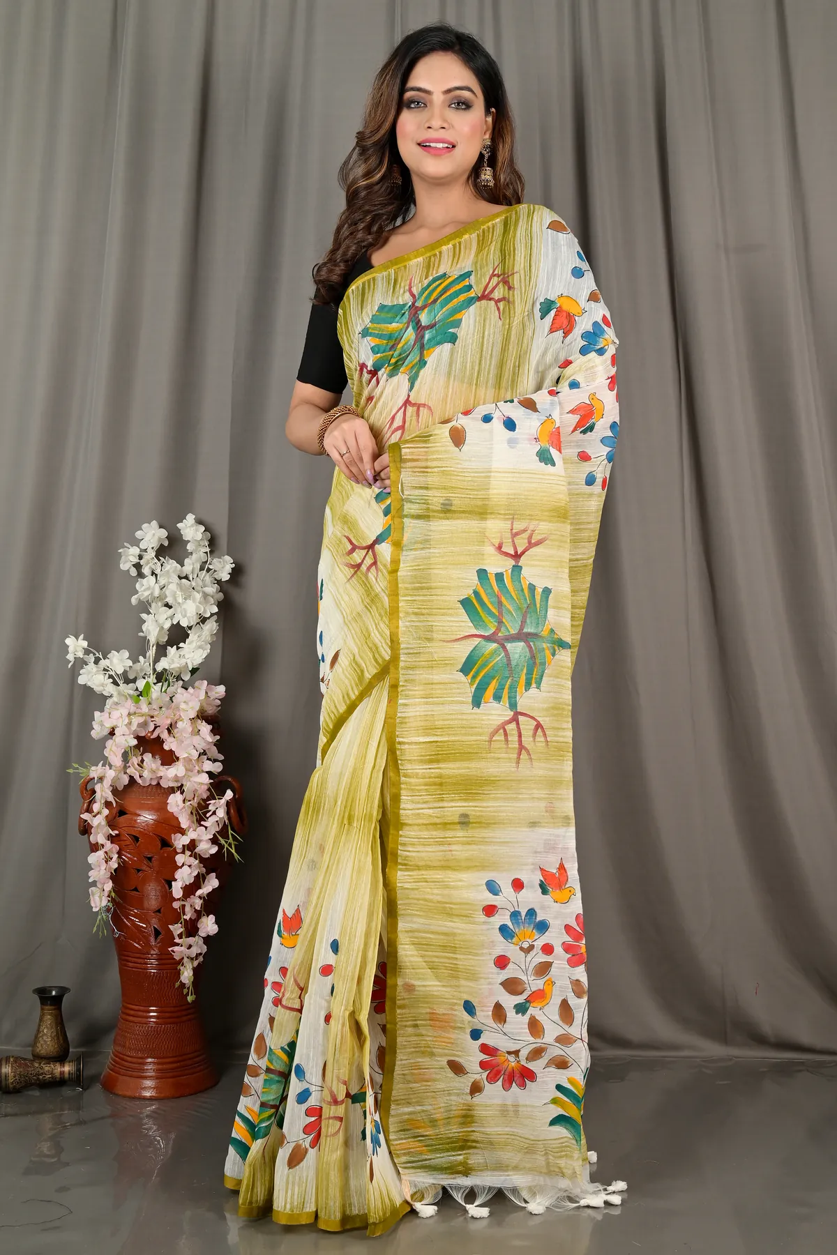 DipDiya Blended Cotton Green Korma Loom to Love Printed Handloom Sarees
