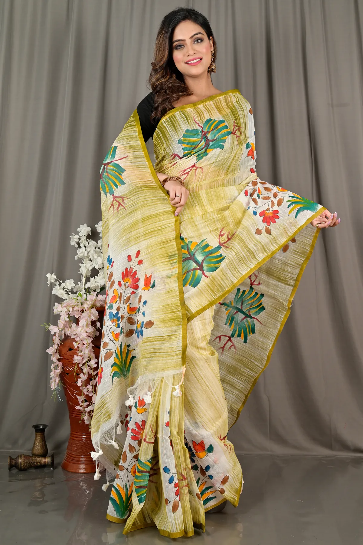 DipDiya Blended Cotton Green Korma Loom to Love Printed Handloom Sarees