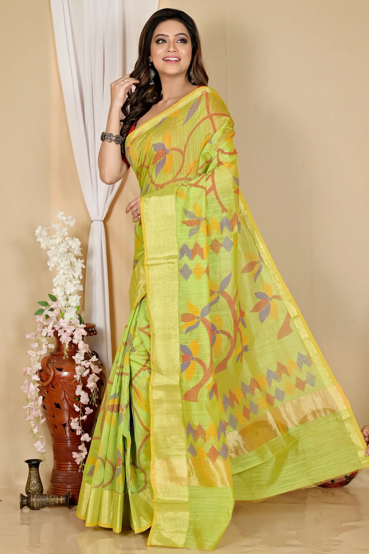 DipDiya Blended Cotton Green Narento Timeless Elegance Handloom Sarees