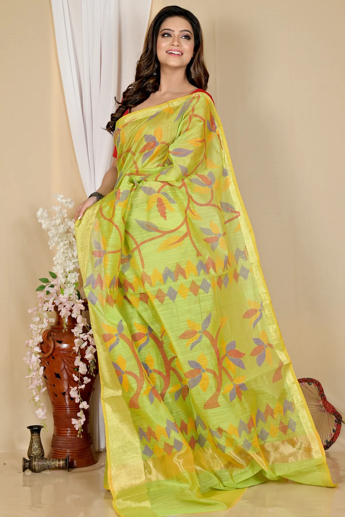 DipDiya Blended Cotton Green Narento Timeless Elegance Handloom Sarees