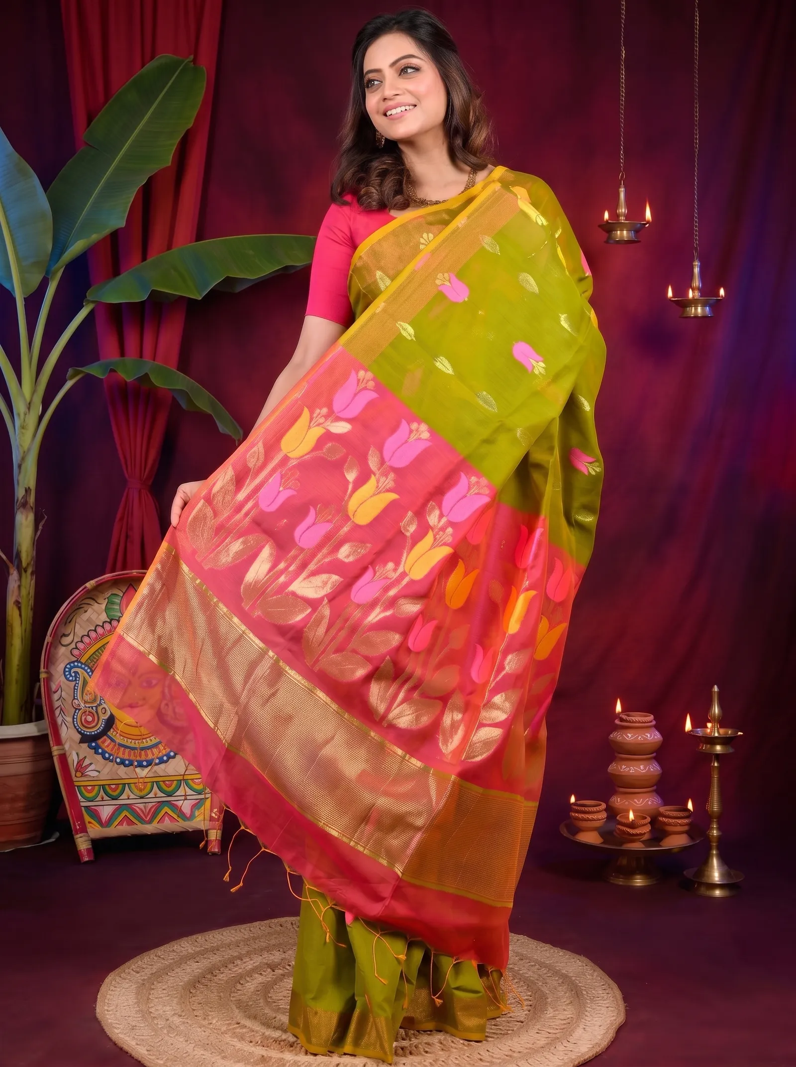 DipDiya Blended Cotton Green Pink Foyani Heritage You Can Wear Handloom Sarees