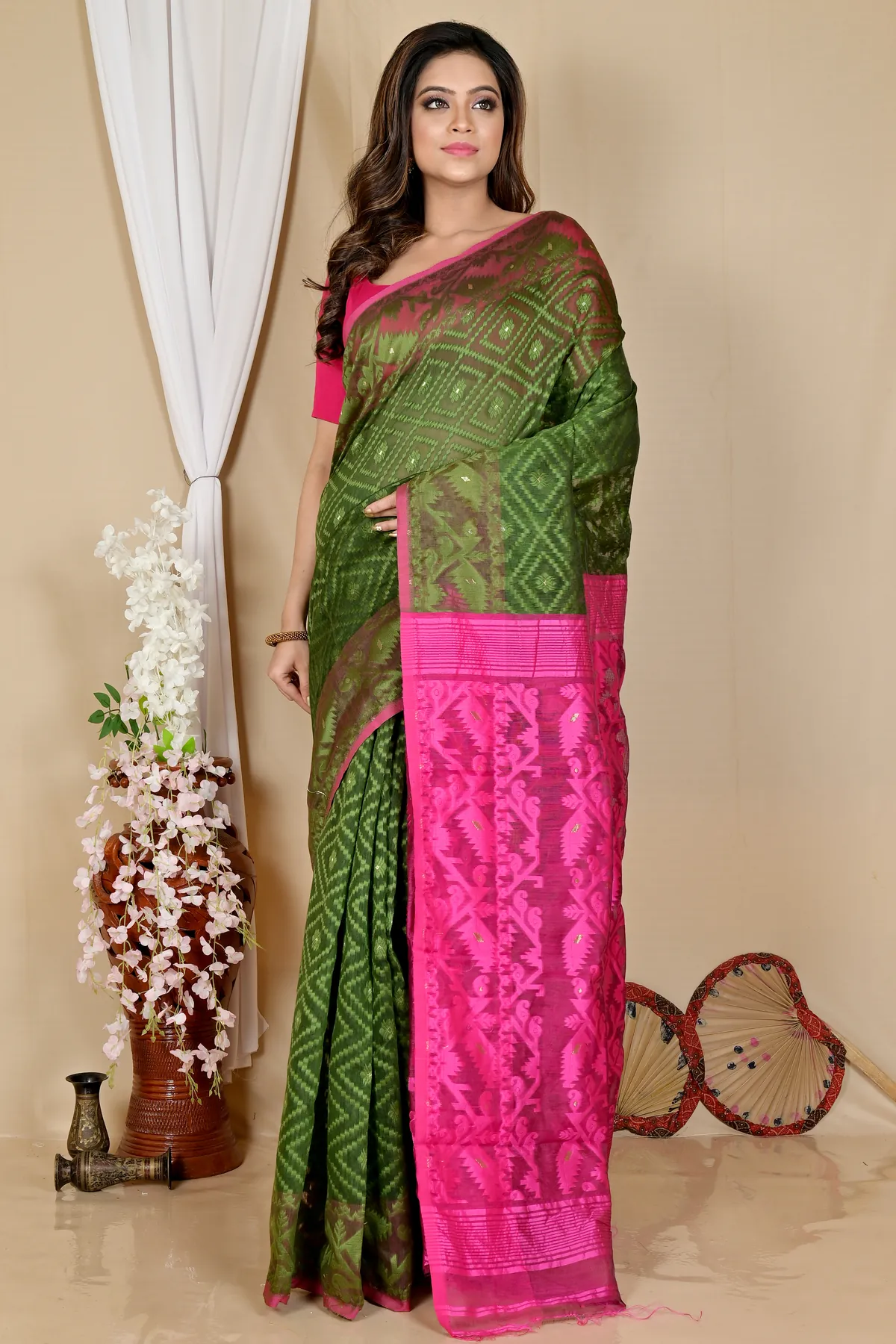 DipDiya Blended Cotton Green Purple Krokai Bengal’s Legacy Jamdani Sarees