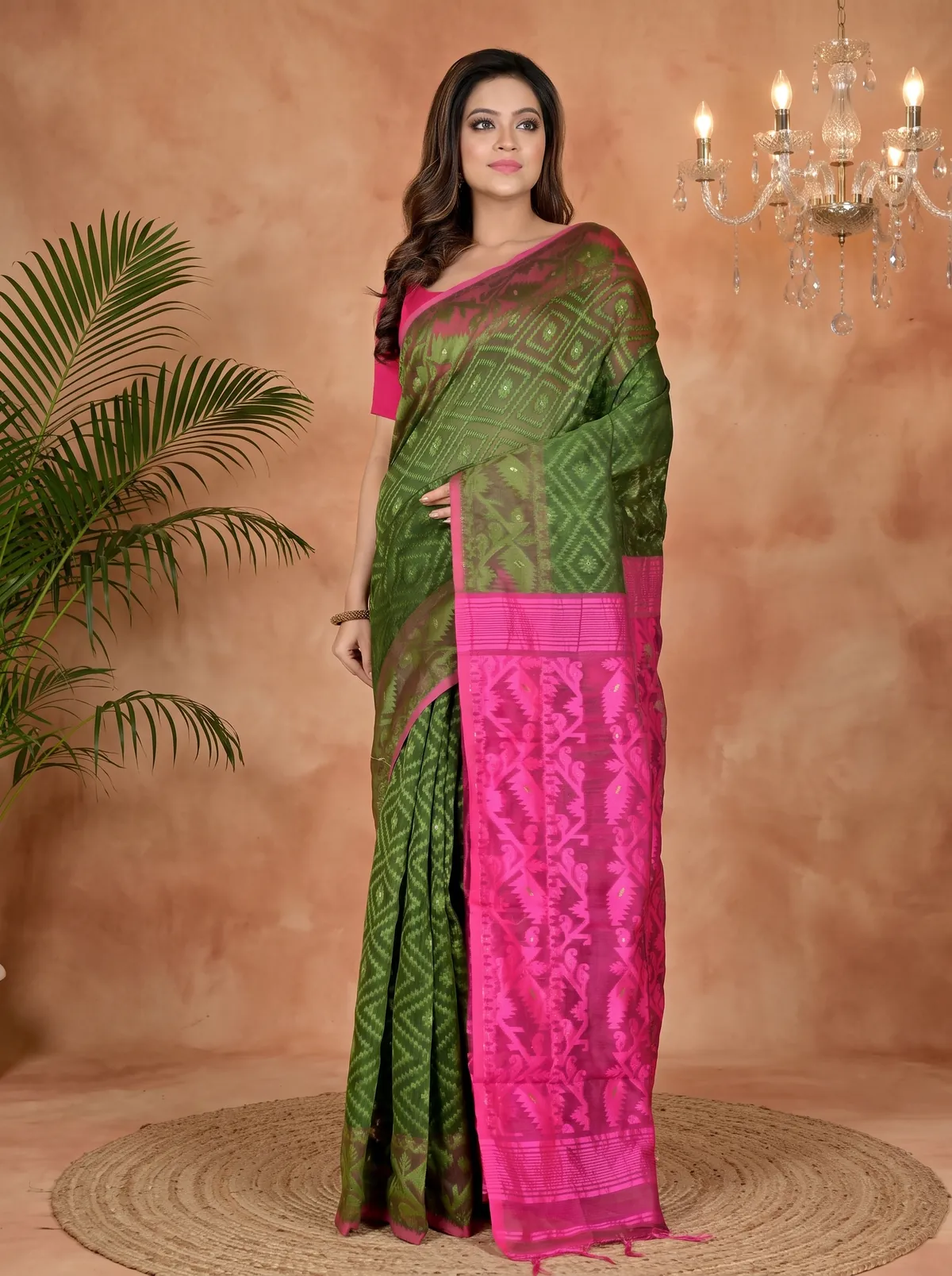 DipDiya Blended Cotton Green Purple Krokai Bengal’s Legacy Jamdani Sarees
