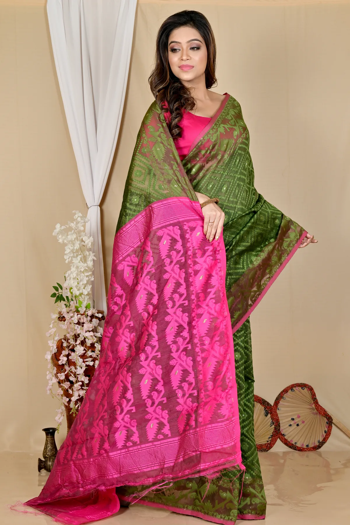 DipDiya Blended Cotton Green Purple Krokai Bengal’s Legacy Jamdani Sarees