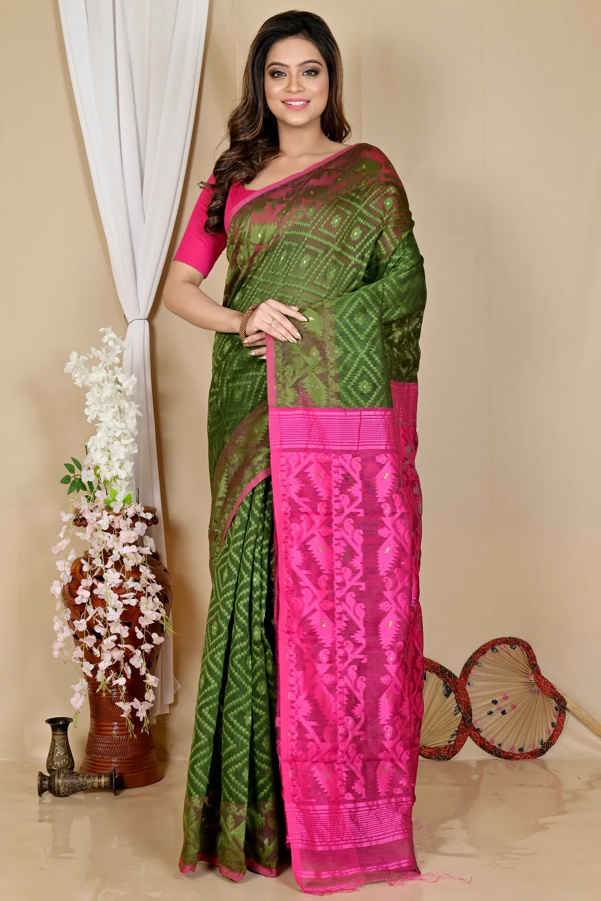 DipDiya Blended Cotton Green Purple Krokai Bengal’s Legacy Jamdani Sarees