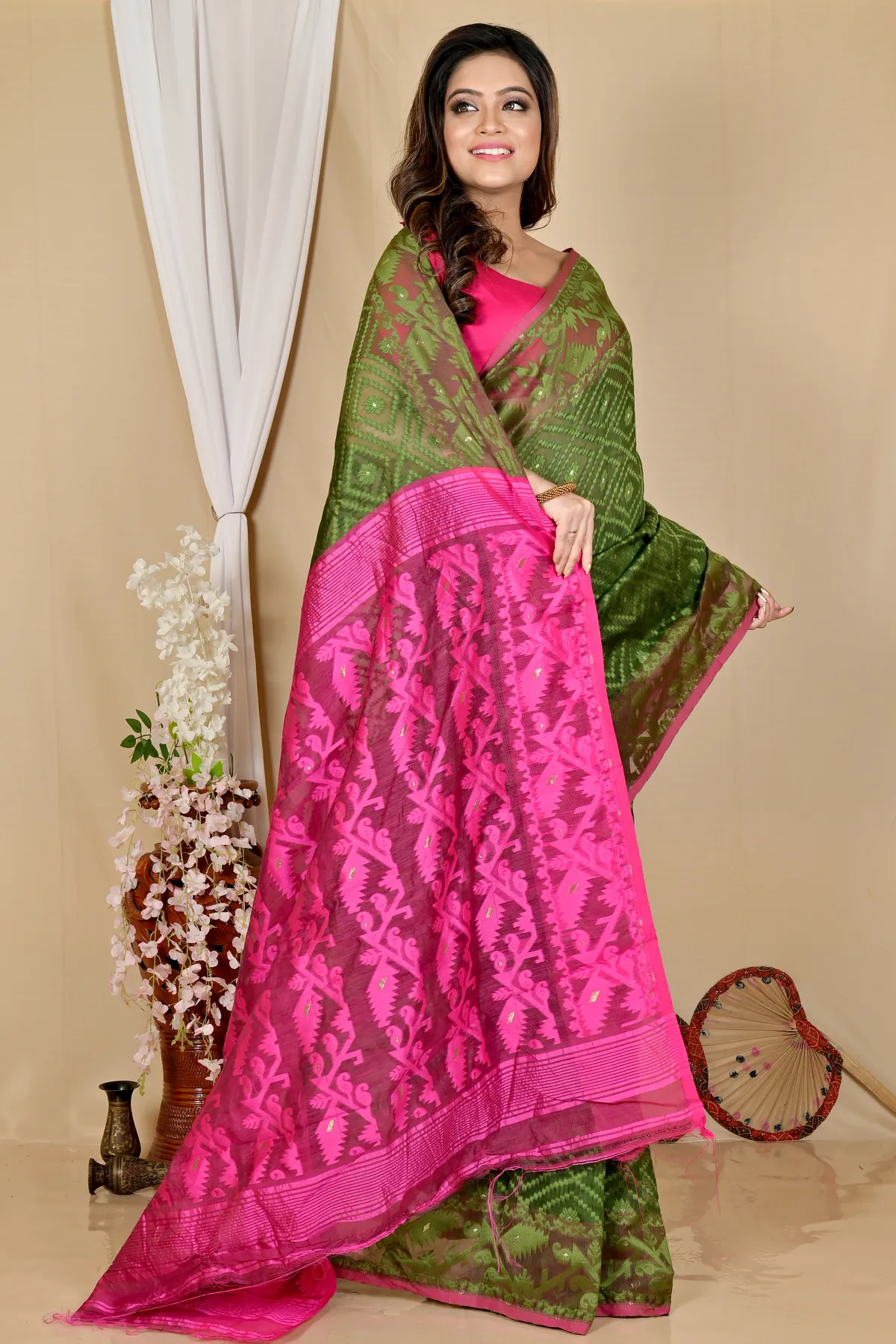 DipDiya Blended Cotton Green Purple Krokai Bengal’s Legacy Jamdani Sarees