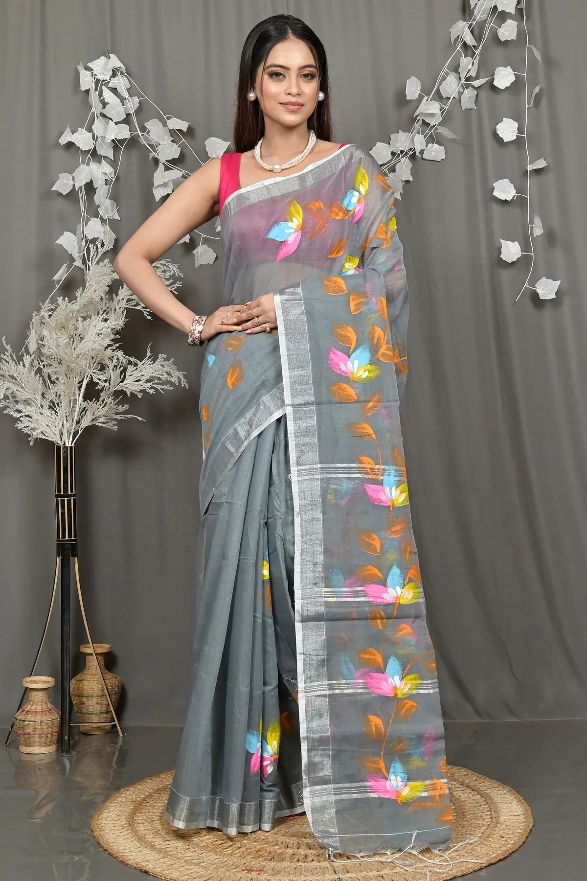 DipDiya Blended Cotton Grey Finesi Heritage of Bengali Hand Painted Sarees