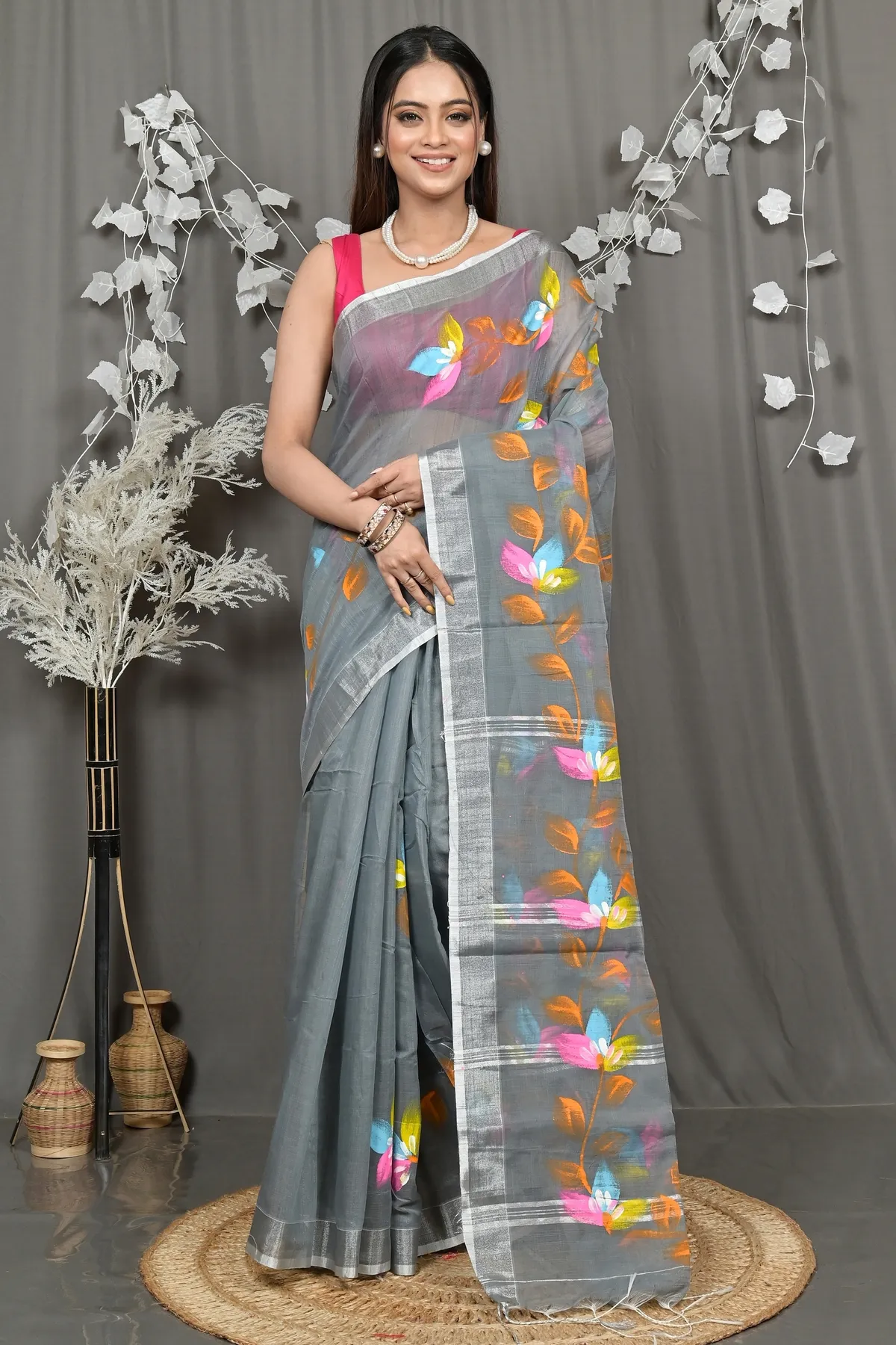 DipDiya Blended Cotton Grey Finesi Heritage of Bengali Hand Painted Sarees