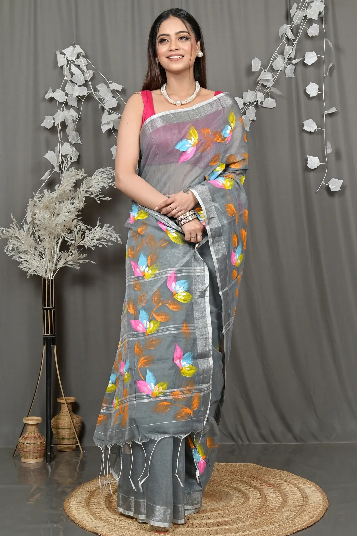 DipDiya Blended Cotton Grey Finesi Heritage of Bengali Hand Painted Sarees
