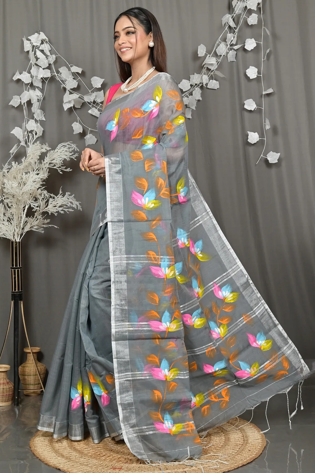 DipDiya Blended Cotton Grey Finesi Heritage of Bengali Hand Painted Sarees