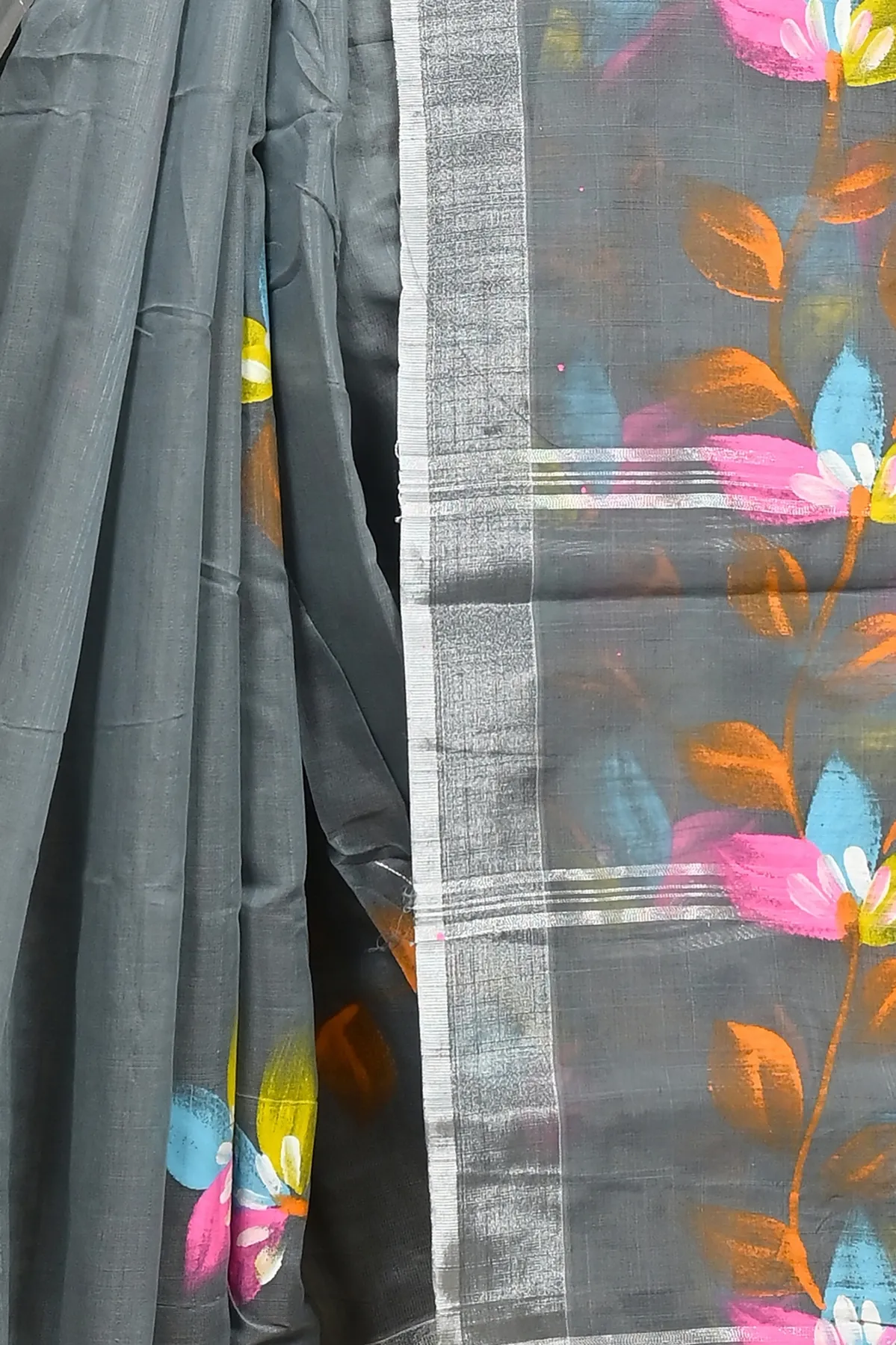 DipDiya Blended Cotton Grey Finesi Heritage of Bengali Hand Painted Sarees