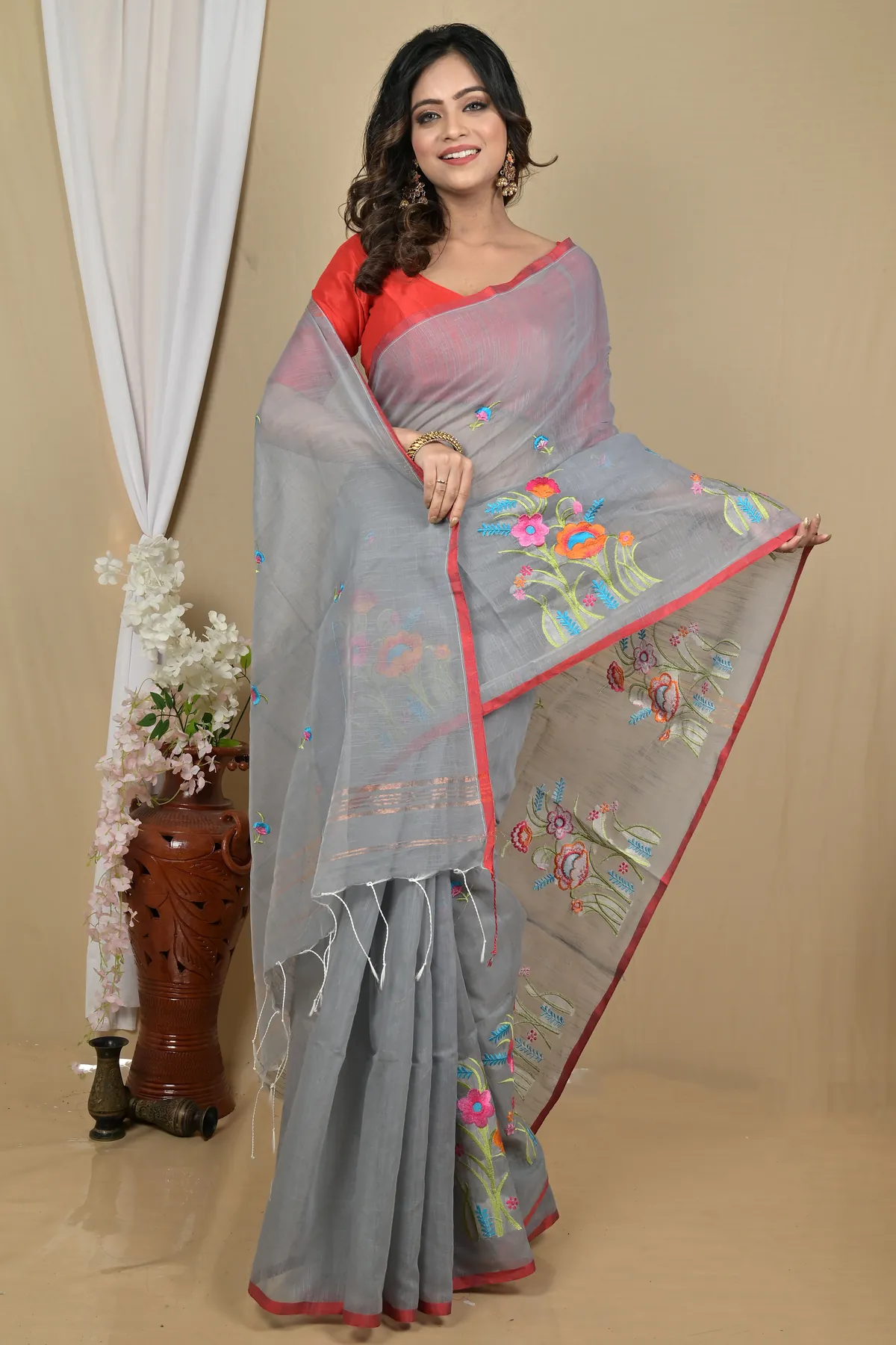 DipDiya Blended Cotton Grey Himika Artisan Woven Embroidery Handloom sarees