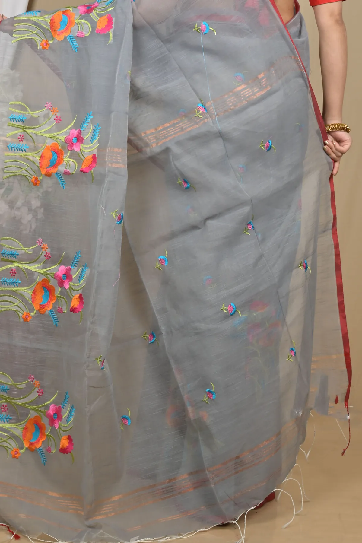 DipDiya Blended Cotton Grey Himika Artisan Woven Embroidery Handloom sarees