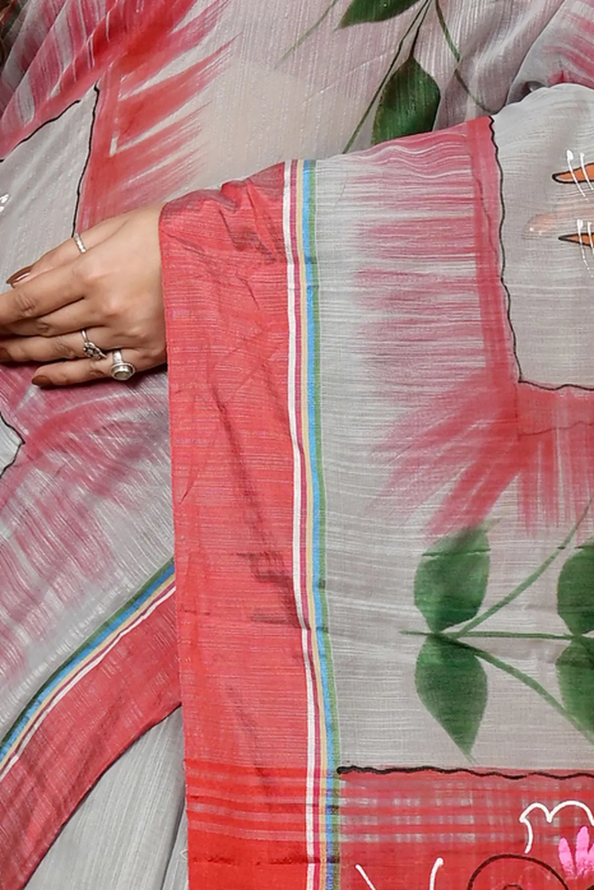 DipDiya Blended Cotton Grey Red Albela Stories of Bengal Hand Painted Sarees